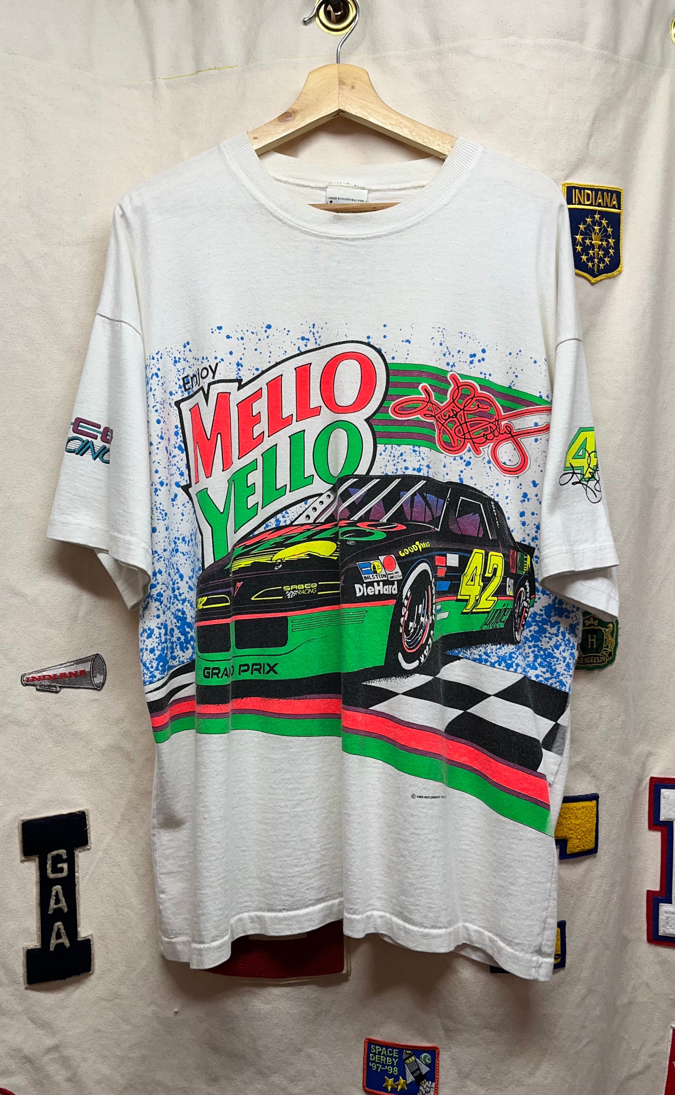 Vintage Kyle Petty 42 Mello Yello Nascar All Over Print White Motorsport Traditions T-Shirt: L
