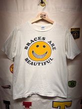 Load image into Gallery viewer, Vintage Braces are Beautiful Smiley Face 80's Champion Blue Bar White T-Shirt: Medium
