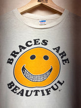 Load image into Gallery viewer, Vintage Braces are Beautiful Smiley Face 80's Champion Blue Bar White T-Shirt: Medium
