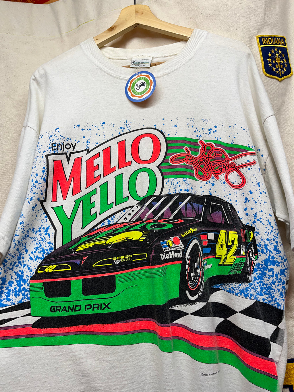 Vintage Kyle Petty 42 Mello Yello Nascar All Over Print White Motorsport Traditions T-Shirt: L
