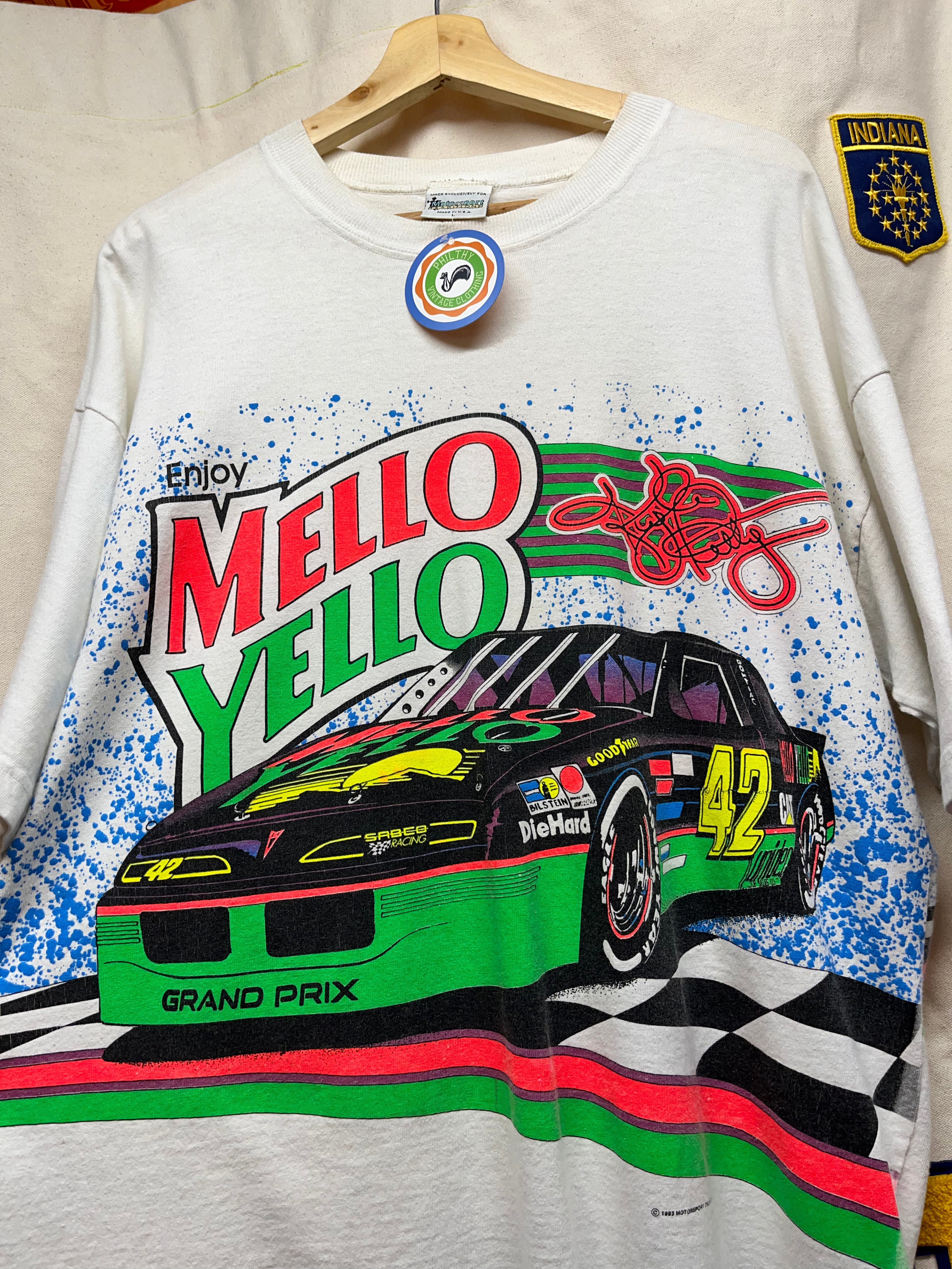 Vintage Kyle Petty 42 Mello Yello Nascar All Over Print White Motorsport Traditions T-Shirt: L