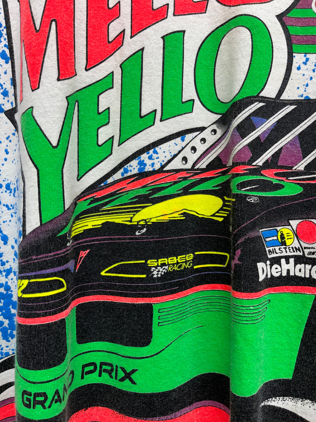 Vintage Kyle Petty 42 Mello Yello Nascar All Over Print White Motorsport Traditions T-Shirt: L