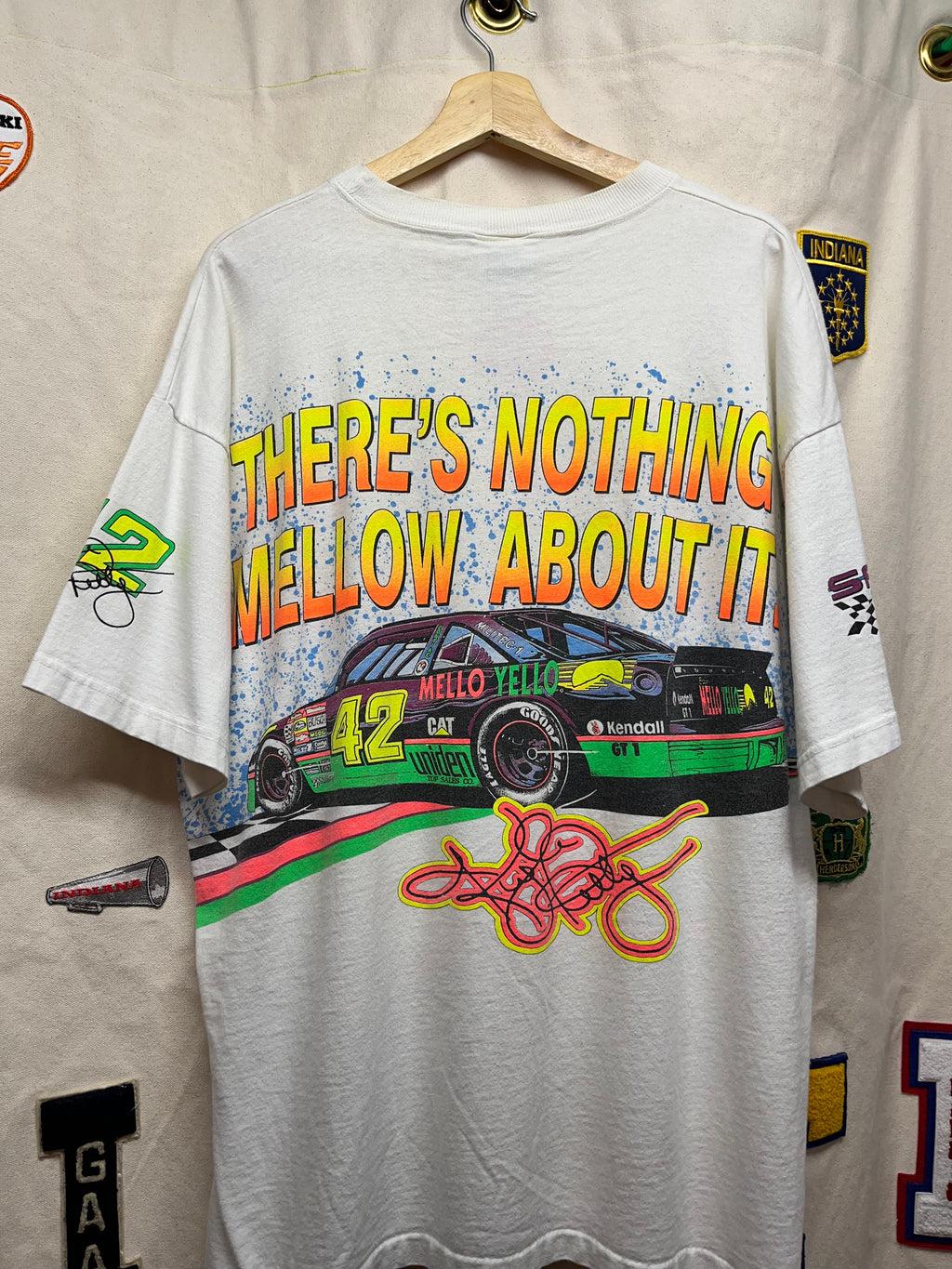 Vintage Kyle Petty 42 Mello Yello Nascar All Over Print White Motorsport Traditions T-Shirt: L
