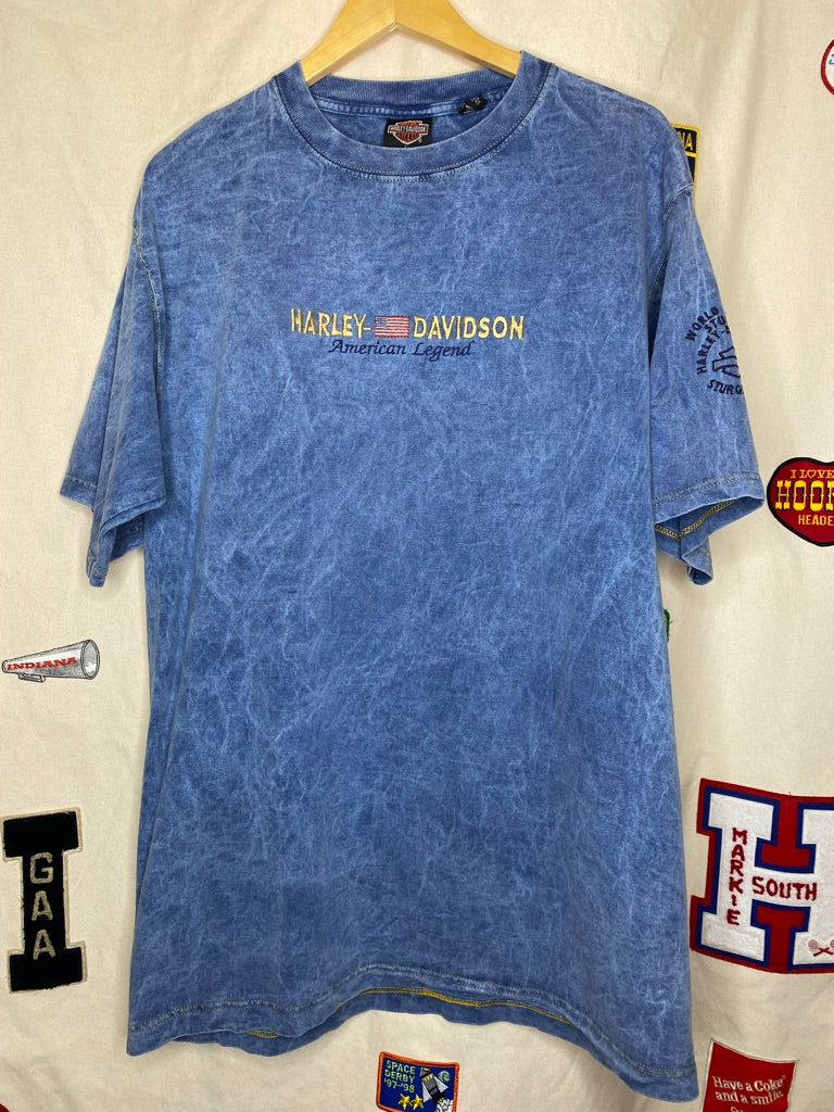 Vintage Harley Davidson American Legend Embroidered Acid Wash Blue T-Shirt: Large