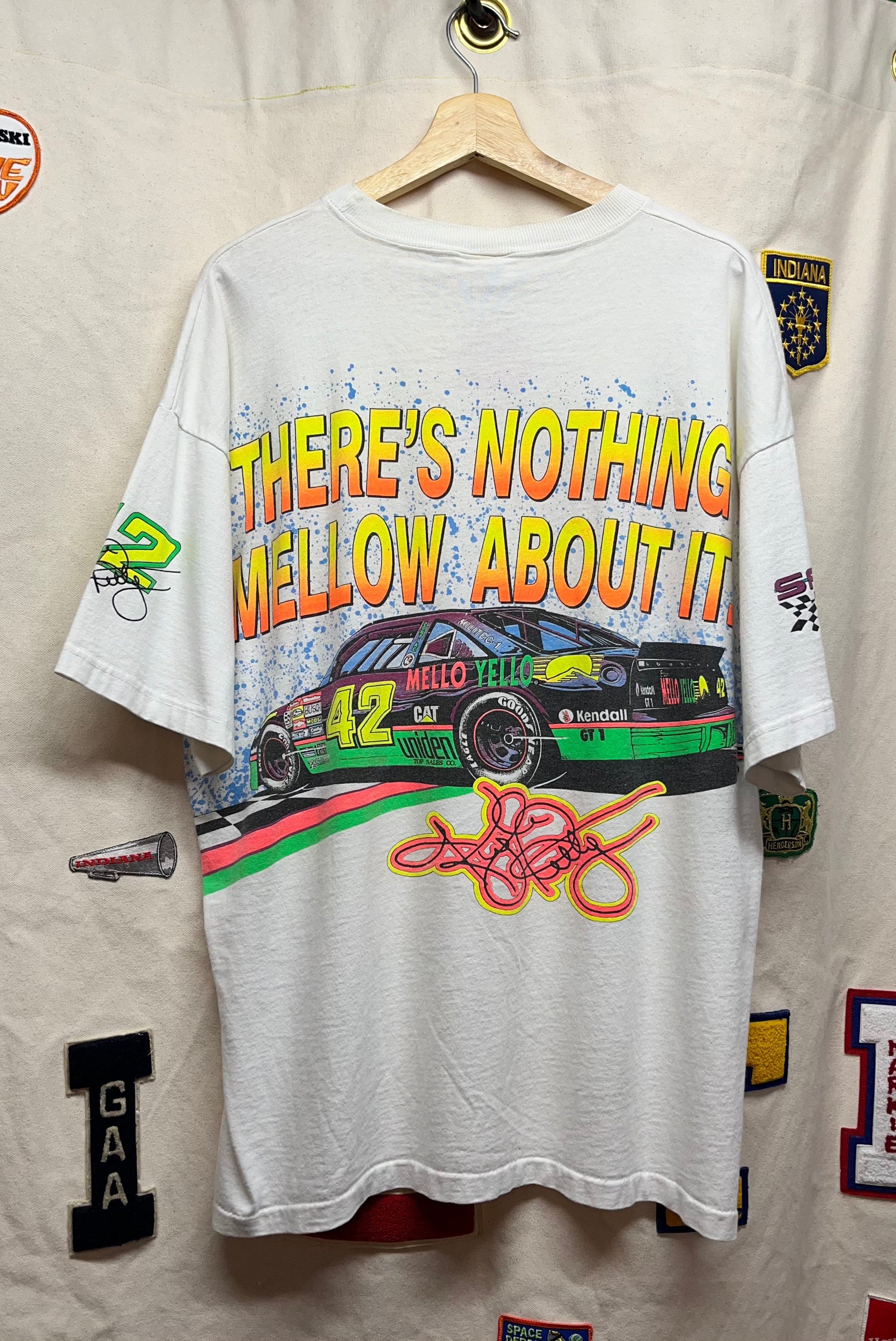Vintage Kyle Petty 42 Mello Yello Nascar All Over Print White Motorsport Traditions T-Shirt: L