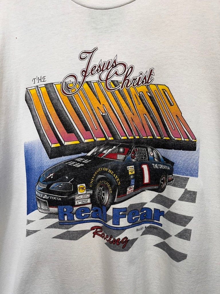 Vintage The Illuminator NASCAR Racing Real Fear 90's Jesus White T-Shirt: XL