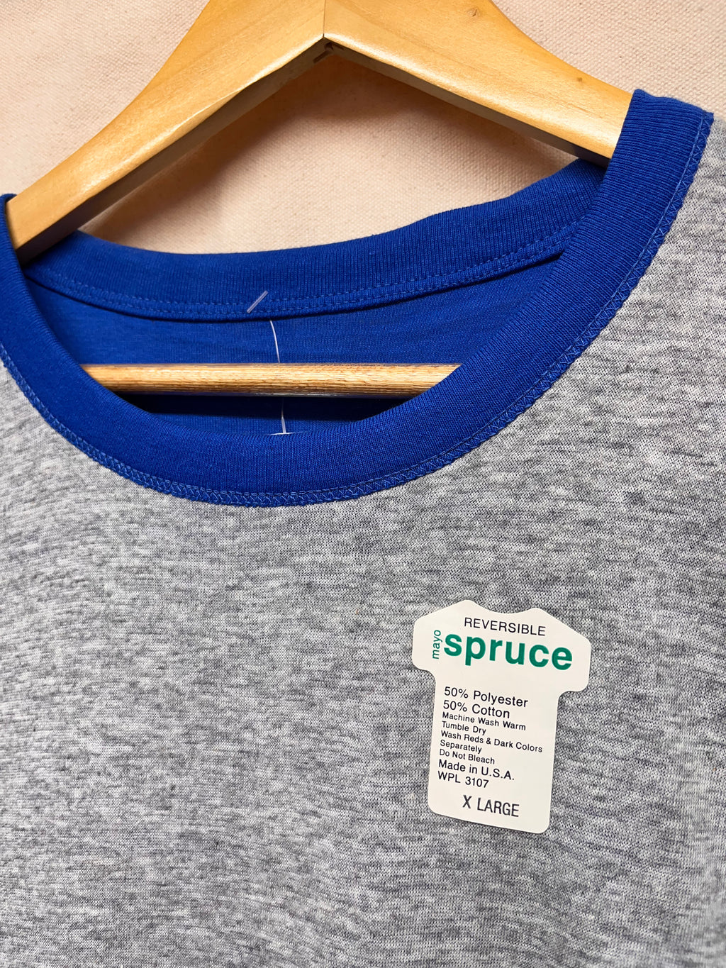 Vintage Mayo Spruce USA Reversible Grey/Blue Ringer 80's T-Shirt: XL