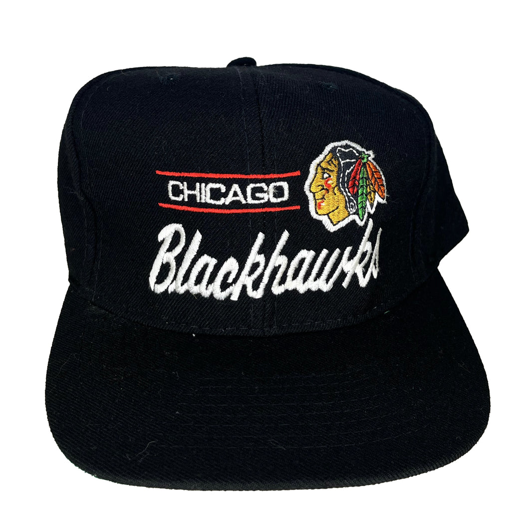 Vtg Chicago Blackhawks NHL American Needle Black Script Wool Snapback Hat