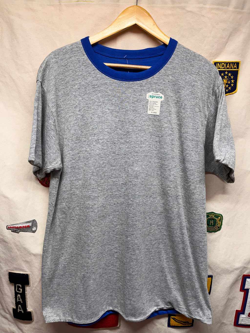 Vintage Mayo Spruce USA Reversible Grey/Blue Ringer 80's T-Shirt: XL
