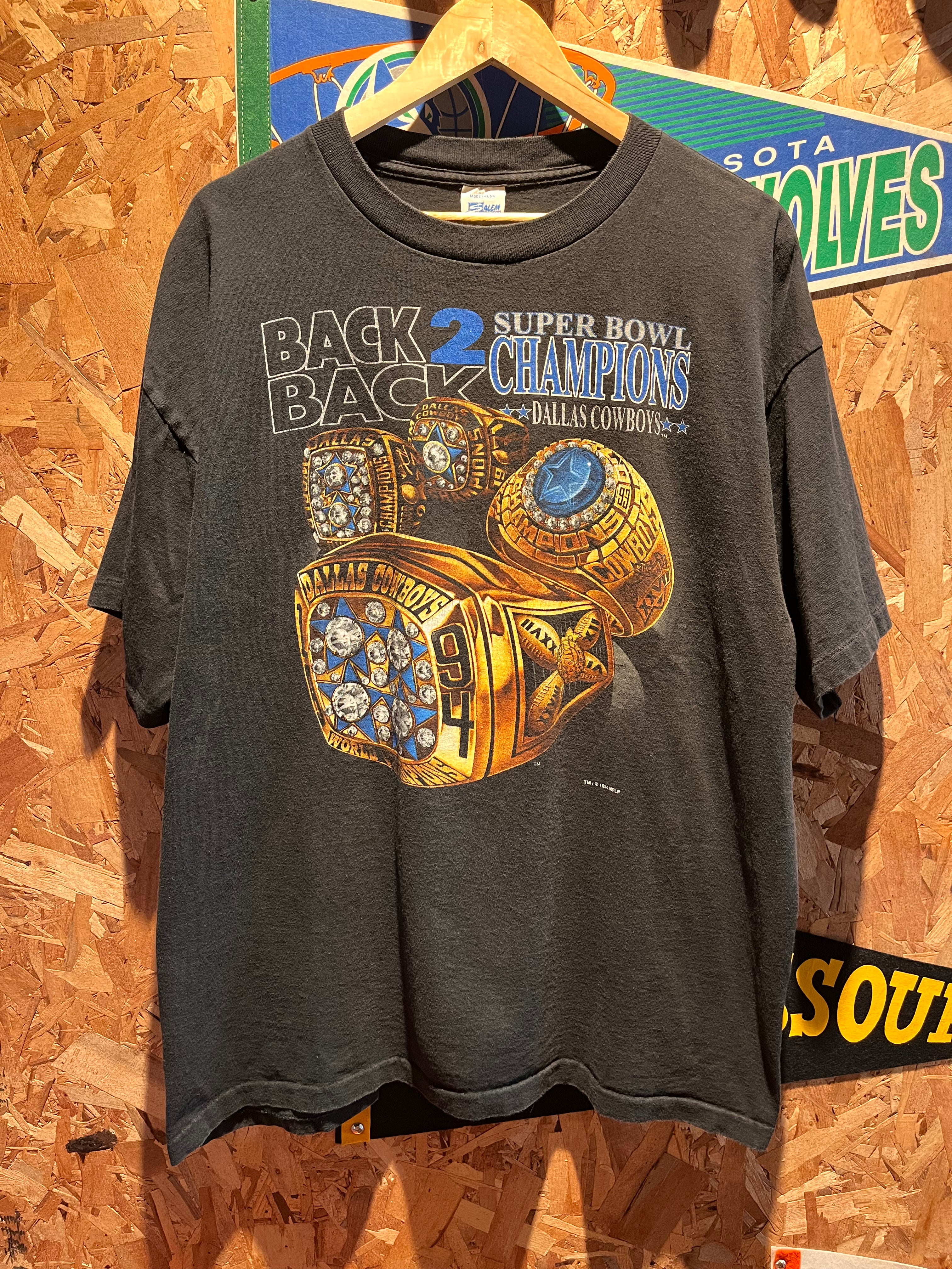 VIntage Dallas Cowboys Back 2 Back Super Bowl Rings Salem Black T-Shirt: XL