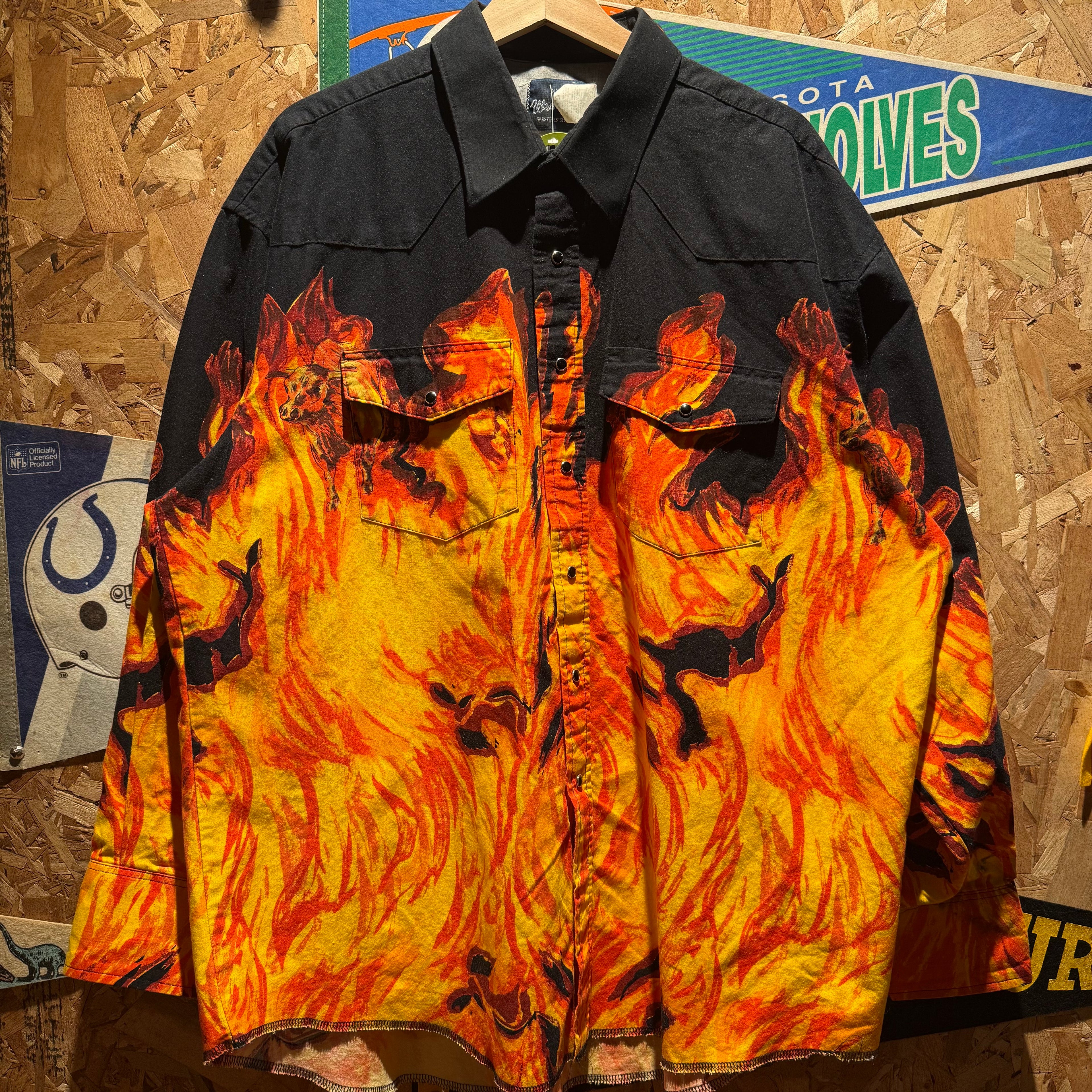 Vintage Flame All Over Graphic Western Button Shirt: XXL