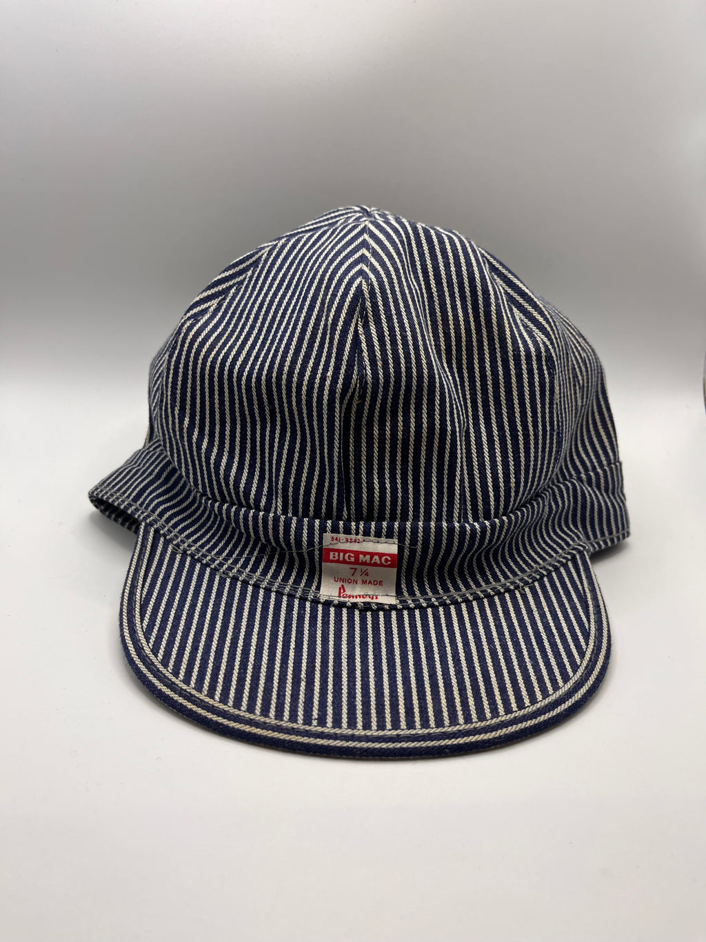 Vtg BIG MAC Penneys 60's Union Made Hickory Stripe 6 Panel Balloon Top Engineer Hat: 7 1/4