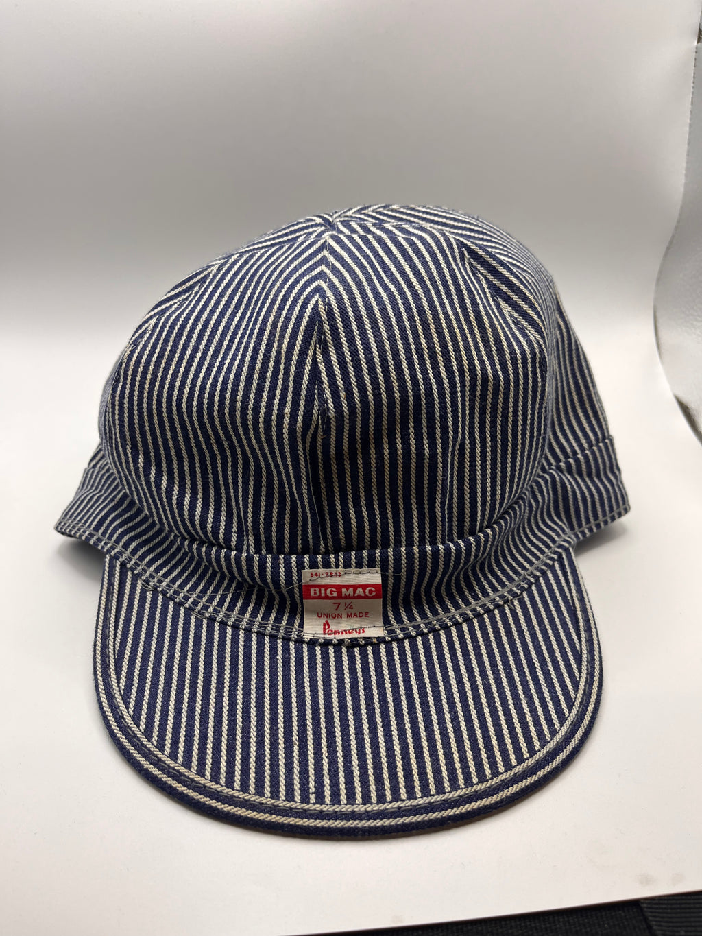 Vtg BIG MAC Penneys 60's Union Made Hickory Stripe 6 Panel Balloon Top Engineer Hat: 7 1/4