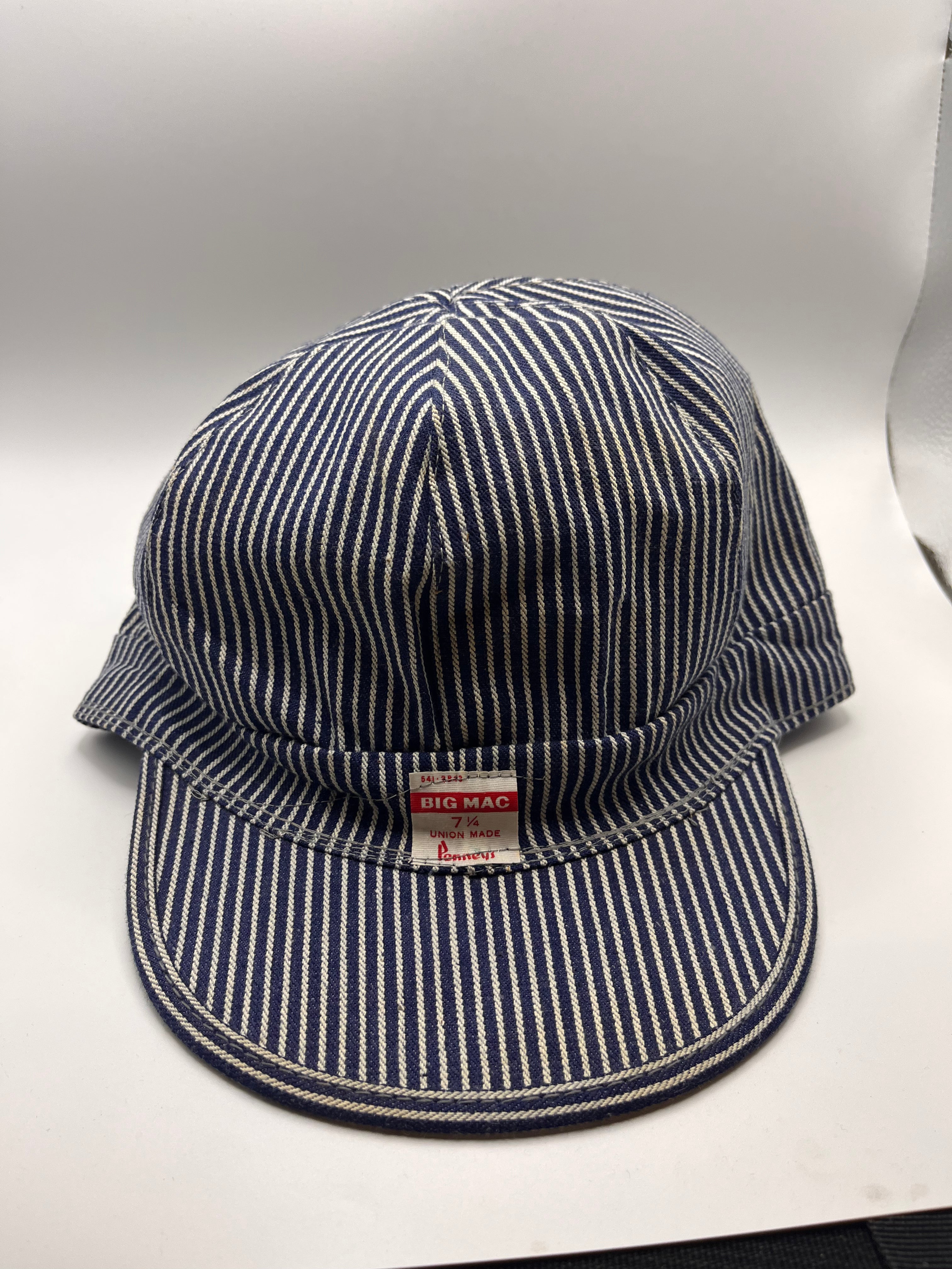 Vtg BIG MAC Penneys 60's Union Made Hickory Stripe 6 Panel Balloon Top Engineer Hat: 7 1/4