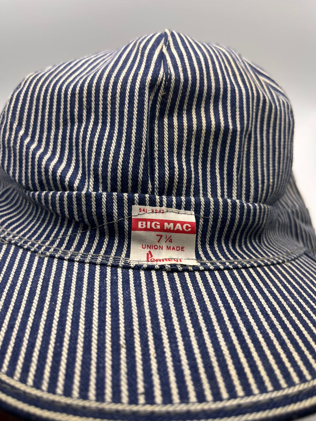 Vtg BIG MAC Penneys 60's Union Made Hickory Stripe 6 Panel Balloon Top Engineer Hat: 7 1/4