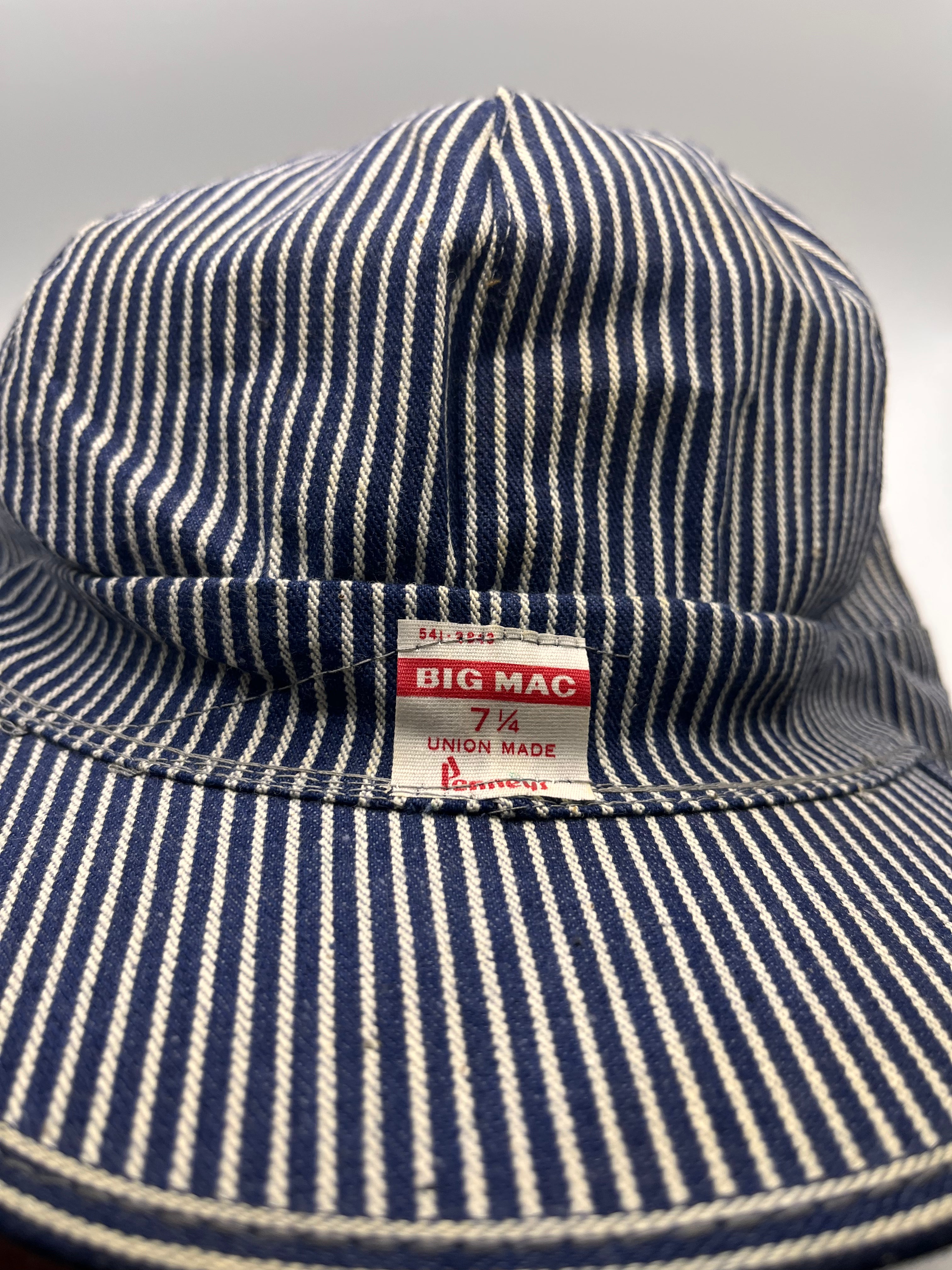 Vtg BIG MAC Penneys 60's Union Made Hickory Stripe 6 Panel Balloon Top Engineer Hat: 7 1/4