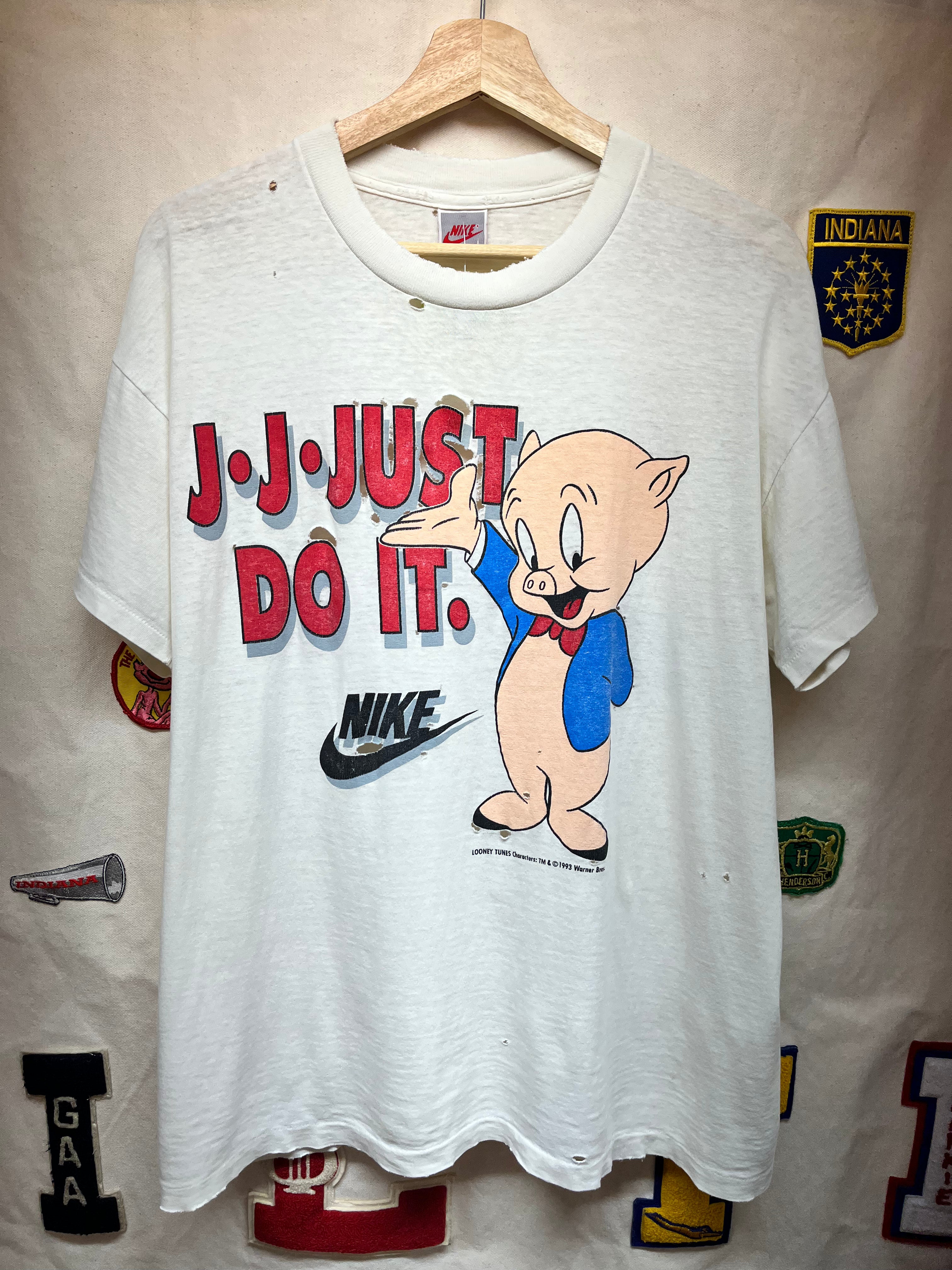 Vintage Nike Just Do It Porky Pig Space Jam 1993 Distressed White T-Shirt: Large