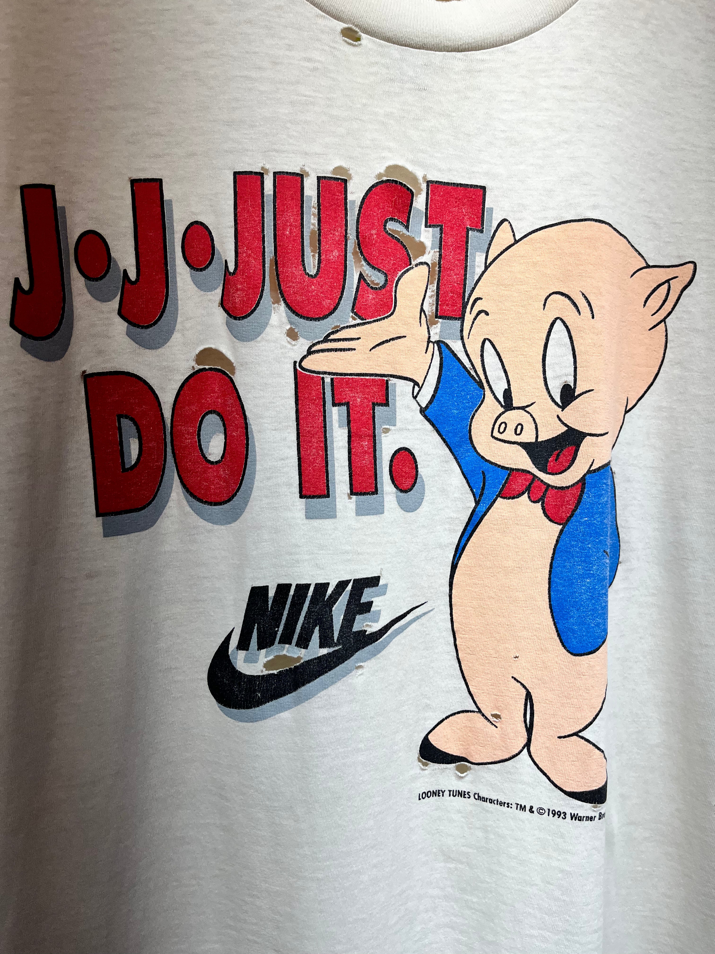 Vintage Nike Just Do It Porky Pig Space Jam 1993 Distressed White T-Shirt: Large
