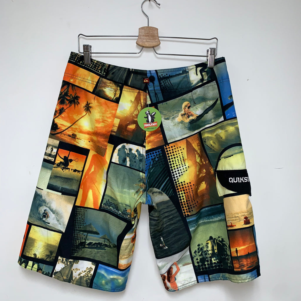 Vintage Quiksilver Surf Phot Print Collage Board Shorts NWT: 34"