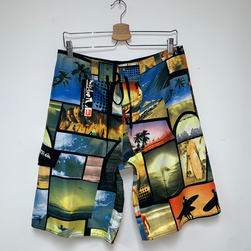 Vintage Quiksilver Surf Phot Print Collage Board Shorts NWT: 34"