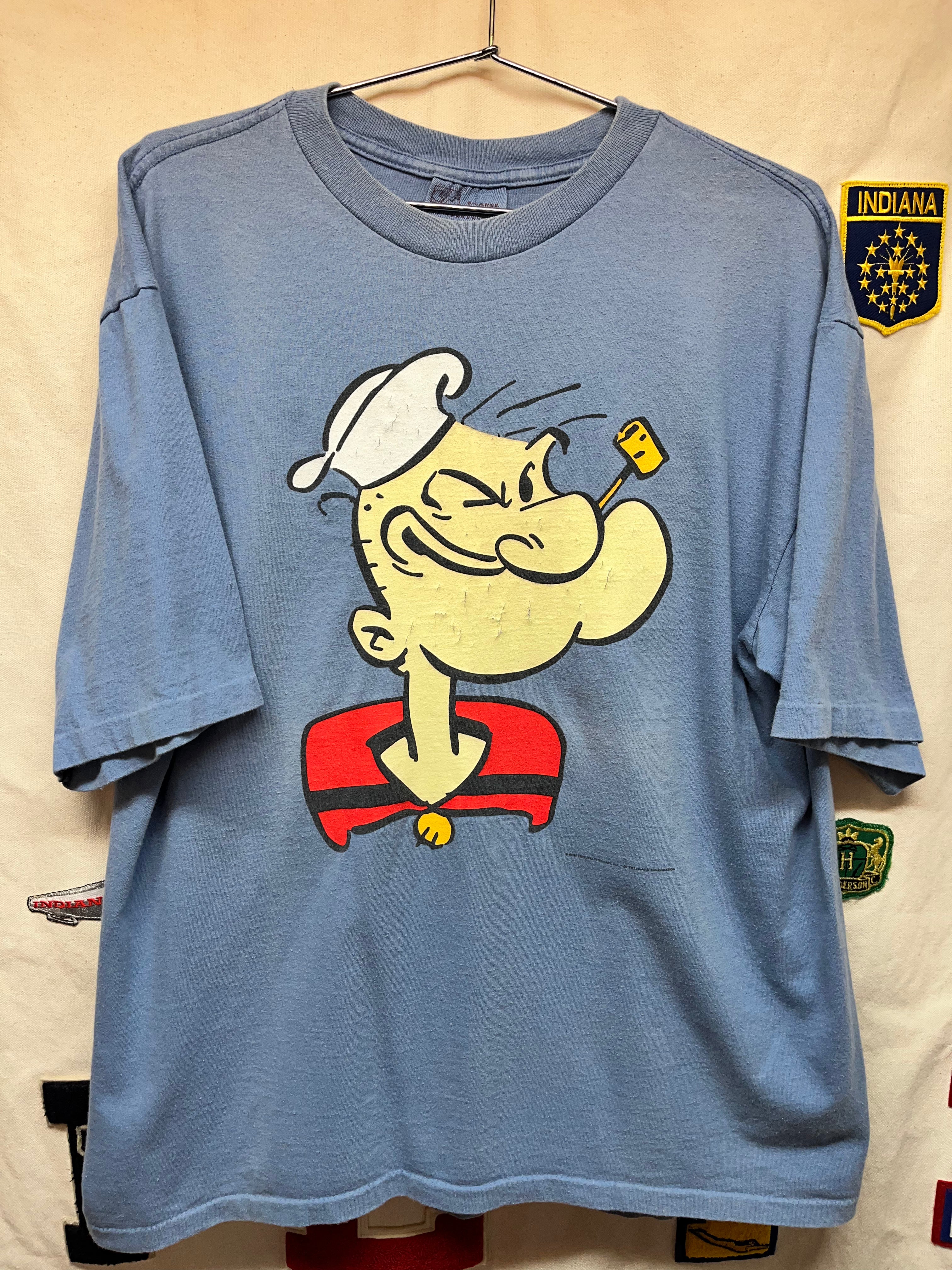 Vintage Popeye Sailor TV Show Big Face Graphique De France Blue T-Shirt: XL