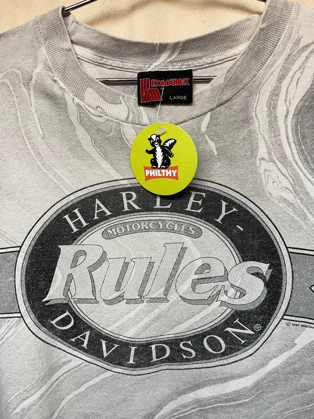 Vintage Harley Davidson Rules Holoubek All Over Marble Print T-Shirt: Large