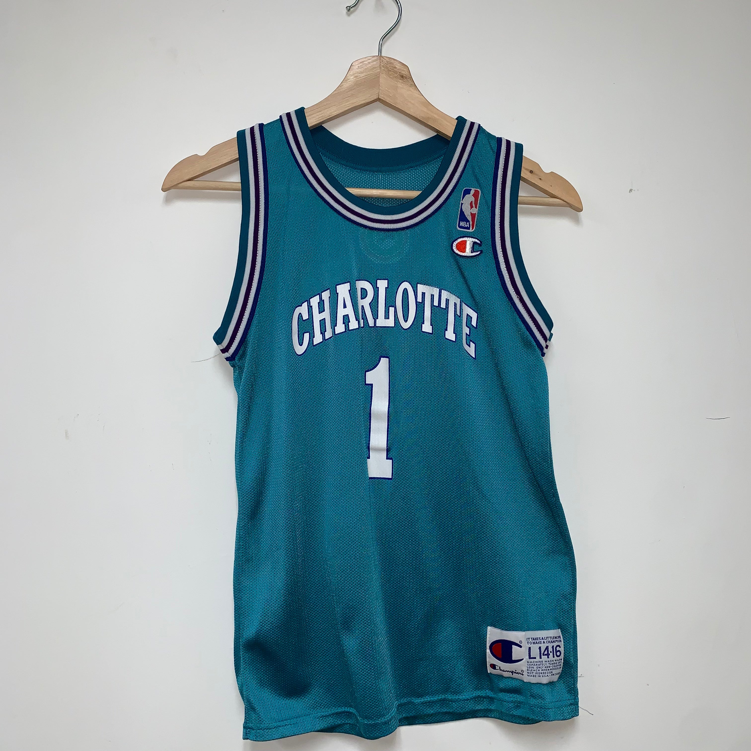 Vintage Mugsy Bogues 1 Charlotte Hornets NBA Champion Basketball Jersey: Youth Large
