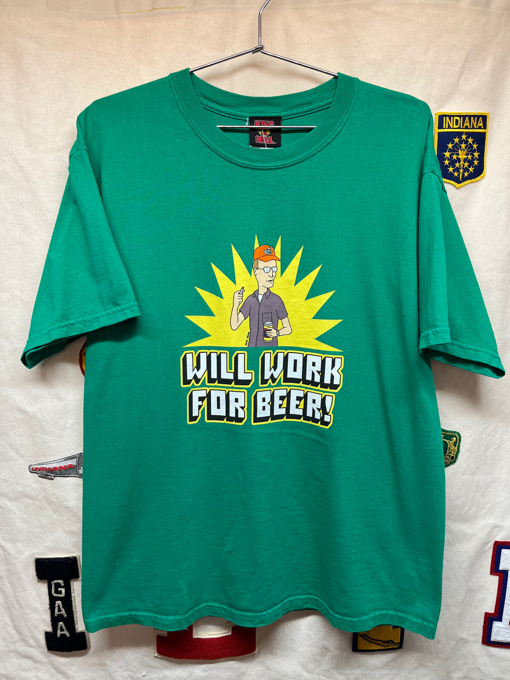 Vintage King of the Hill Will Work for Beer Dale Gribble Mike Judge Fox Green T-Shirt: Large