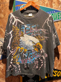 Vtg Feel The Wind Lightning American Thunder All Over Print Eagle Faded Black T-Shirt: Large