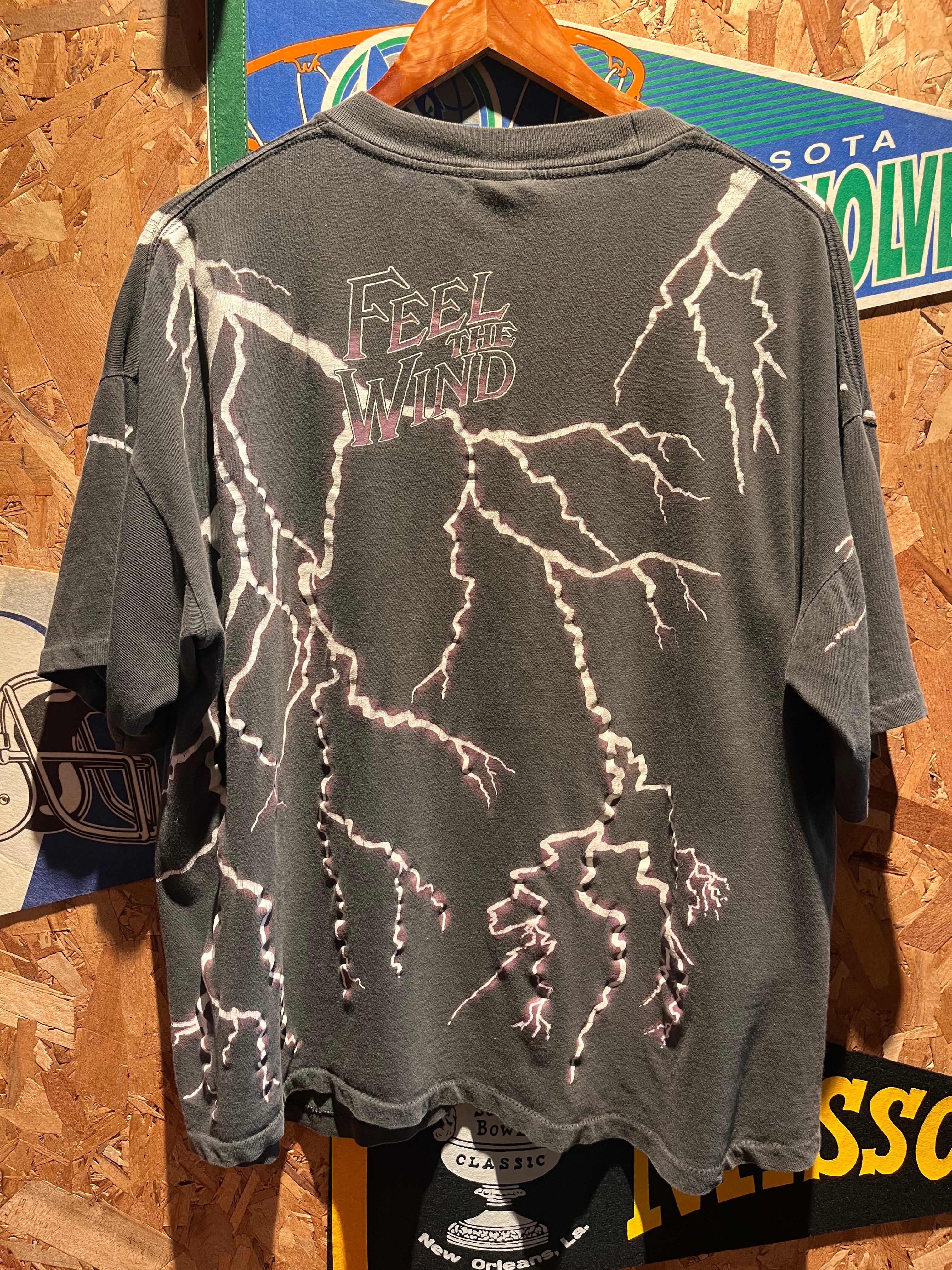 Vtg Feel The Wind Lightning American Thunder All Over Print Eagle Faded Black T-Shirt: Large