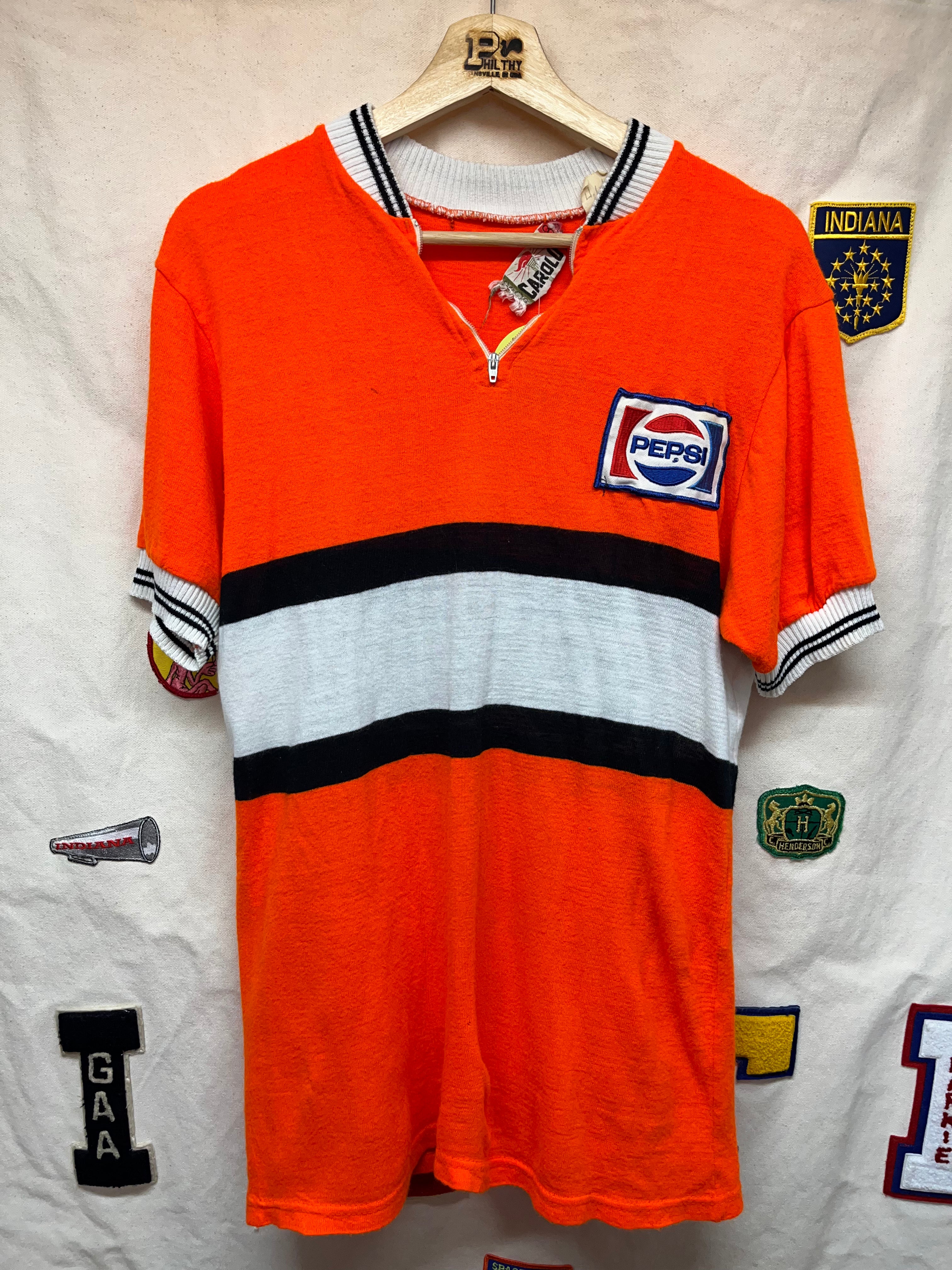 Vintage Neon Orange 70's Evansville Velo Sport Pepsi Carolo Wool Cycling Jersey: Large