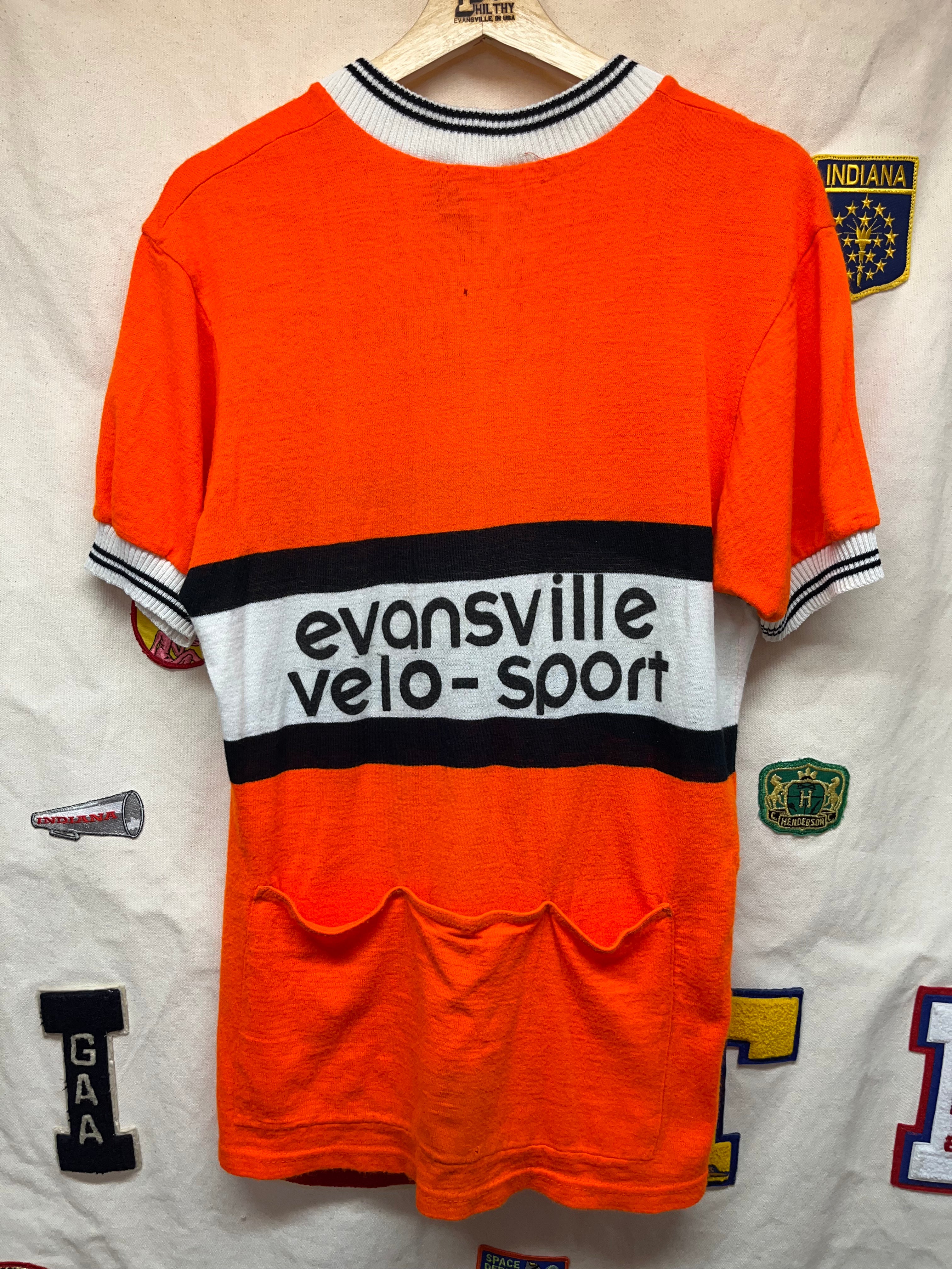 Vintage Neon Orange 70's Evansville Velo Sport Pepsi Carolo Wool Cycling Jersey: Large