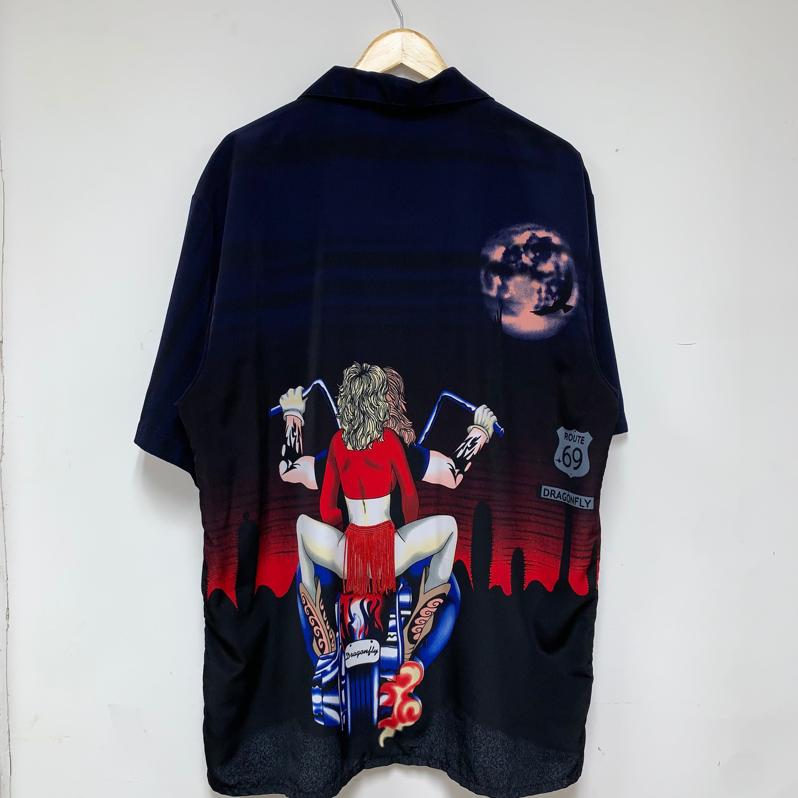 Vintage Dragonfly Black Graphic Biker Sunset Fringe Button Up Shirt: XL