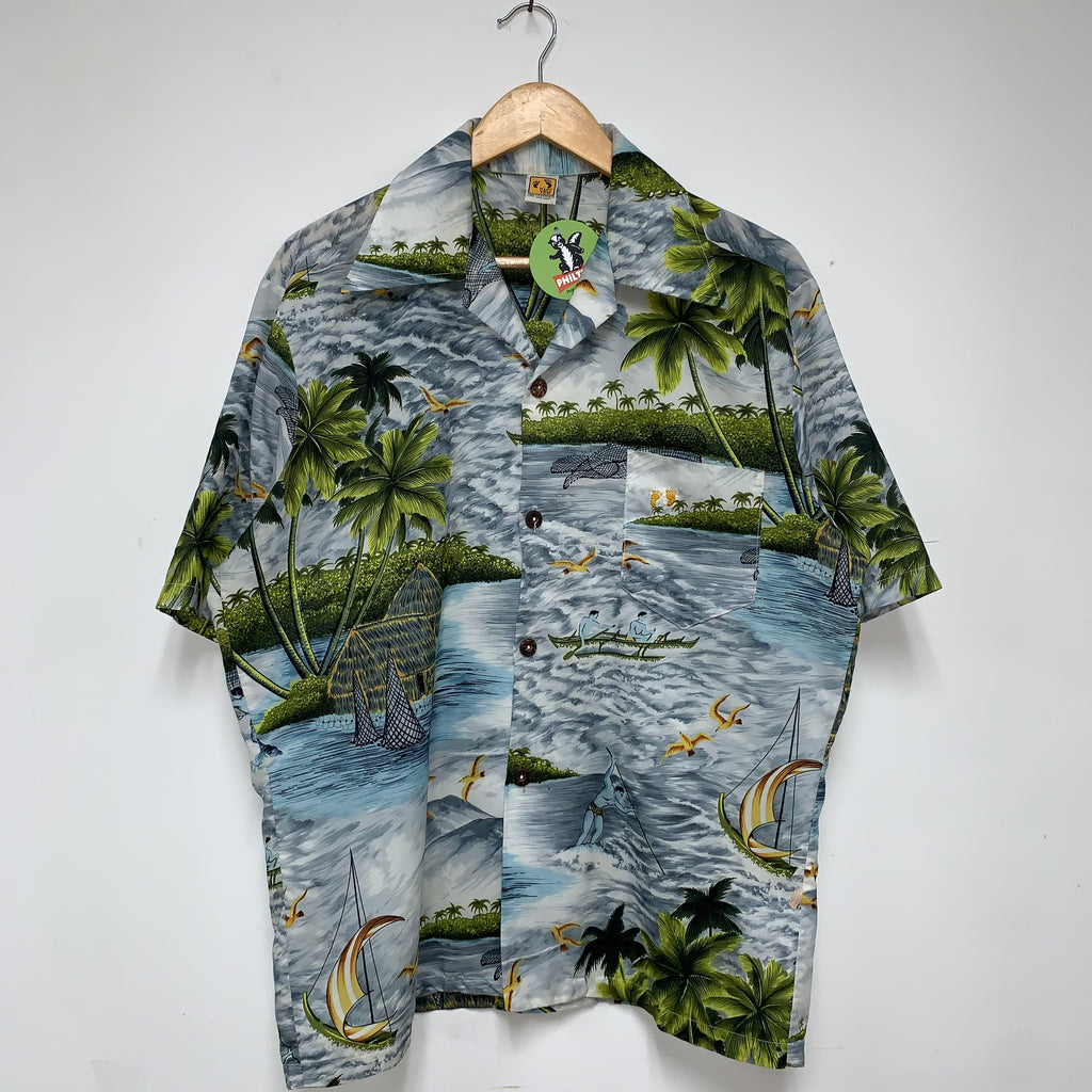 Vintage Hawaiian Hang Ten Landscape 80's Button Up Shirt: Medium