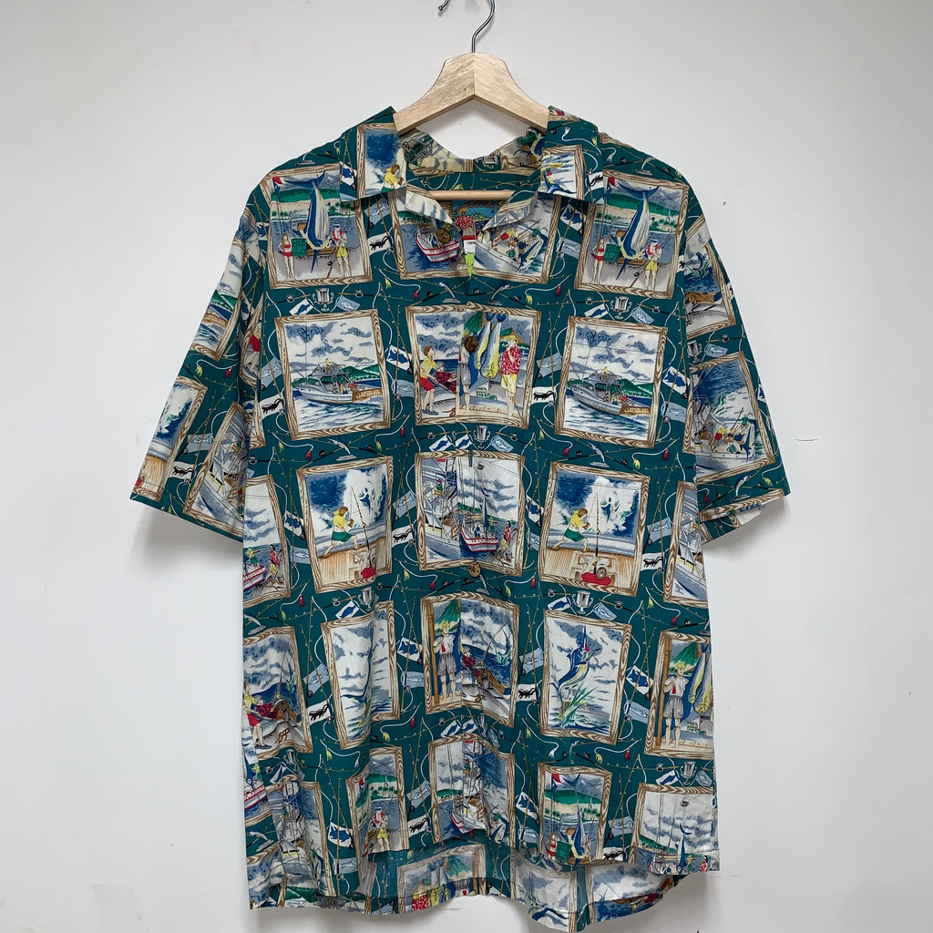 Vintage Fishing Boat Hawaiian Joe Kealoha Teal Button Up Shirt: Large