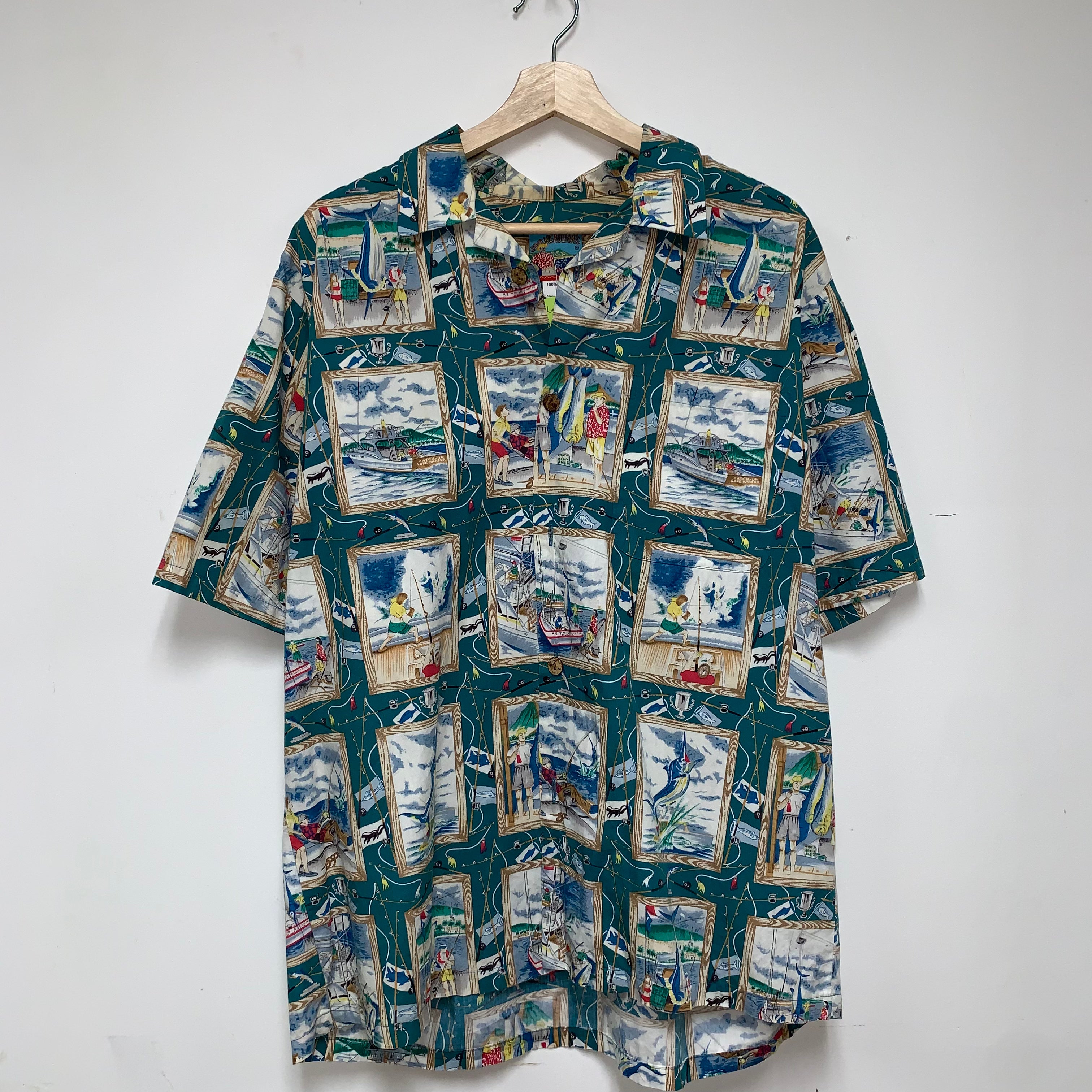 Vintage Fishing Boat Hawaiian Joe Kealoha Teal Button Up Shirt: Large