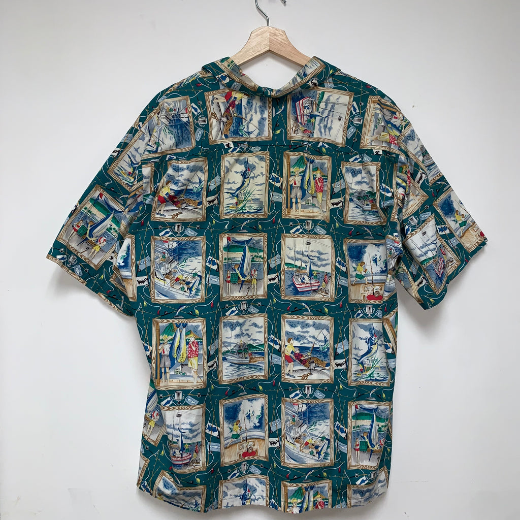 Vintage Fishing Boat Hawaiian Joe Kealoha Teal Button Up Shirt: Large