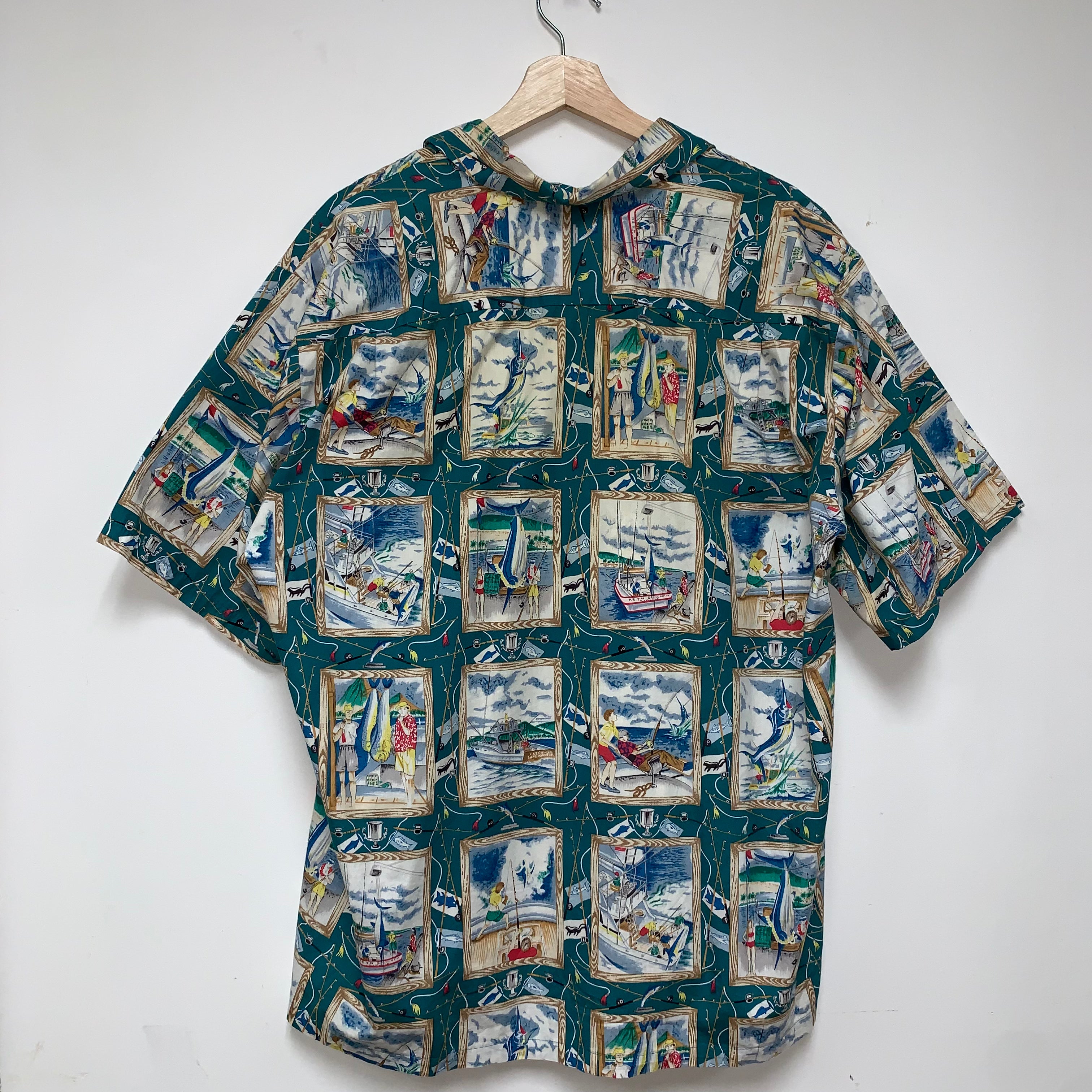 Vintage Fishing Boat Hawaiian Joe Kealoha Teal Button Up Shirt: Large