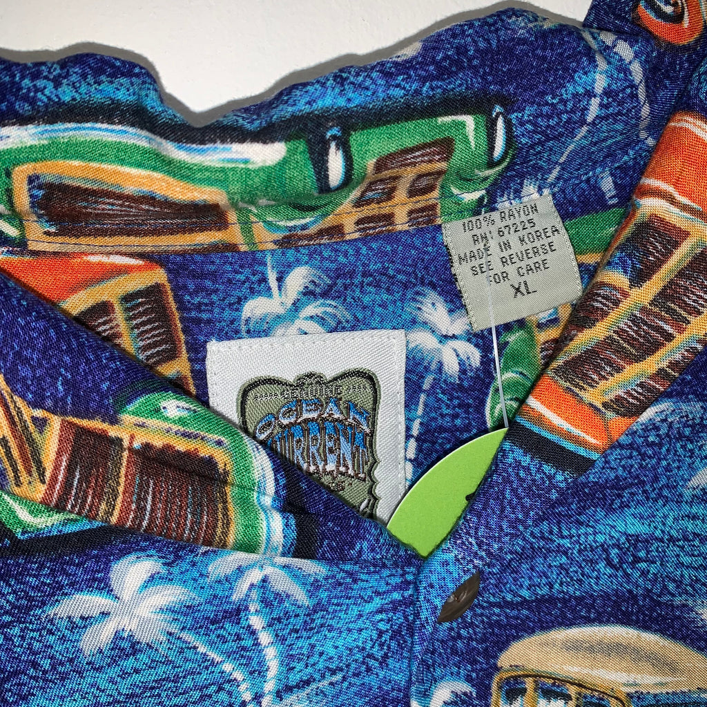 Vintage Ocean Current Blue Hawaiian Rayon Button Up Shirt: XL