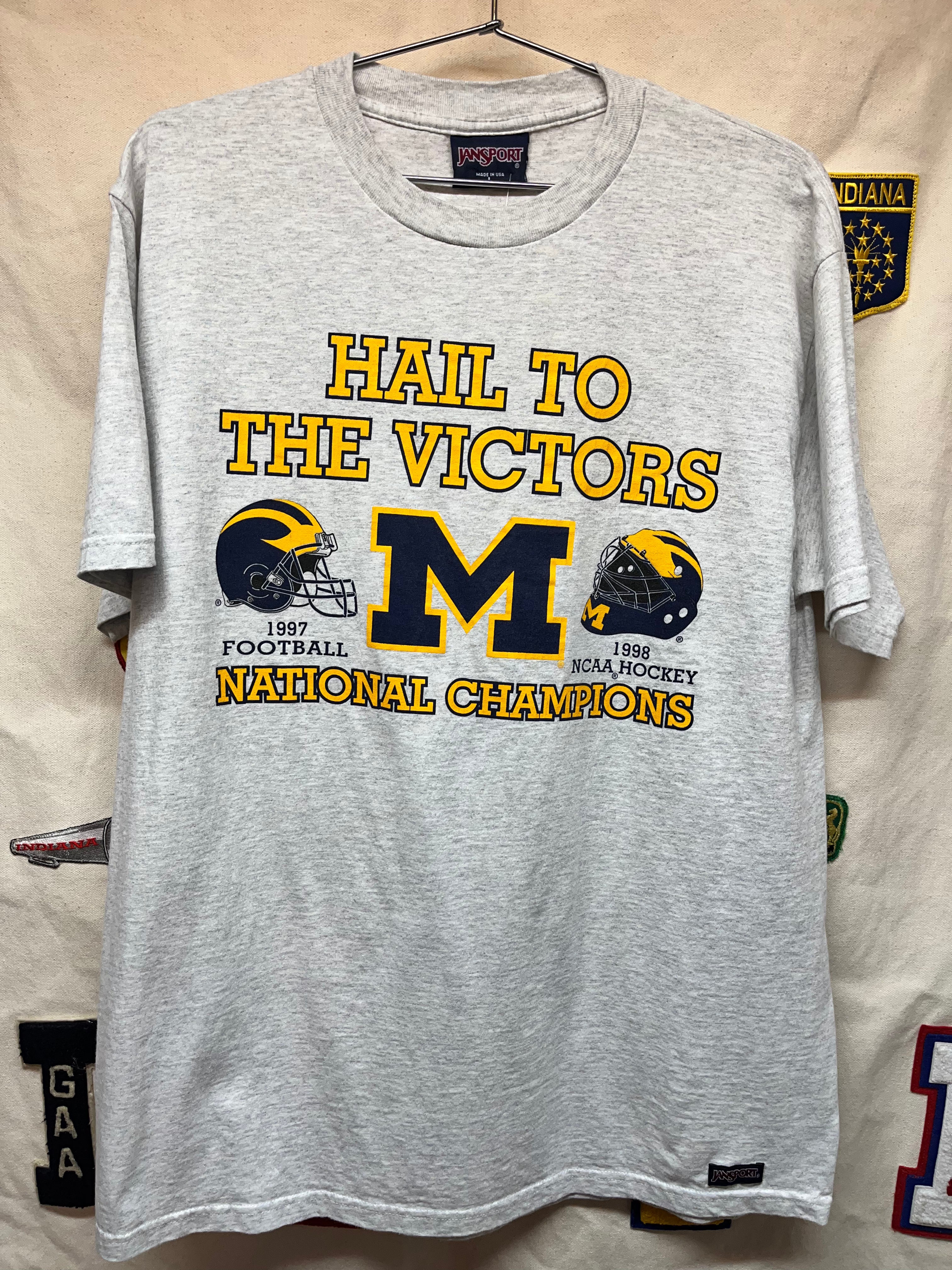Vintage Michigan University Football Hockey 1997 1998 NCAA National Champions Jansport T-Shirt: Large