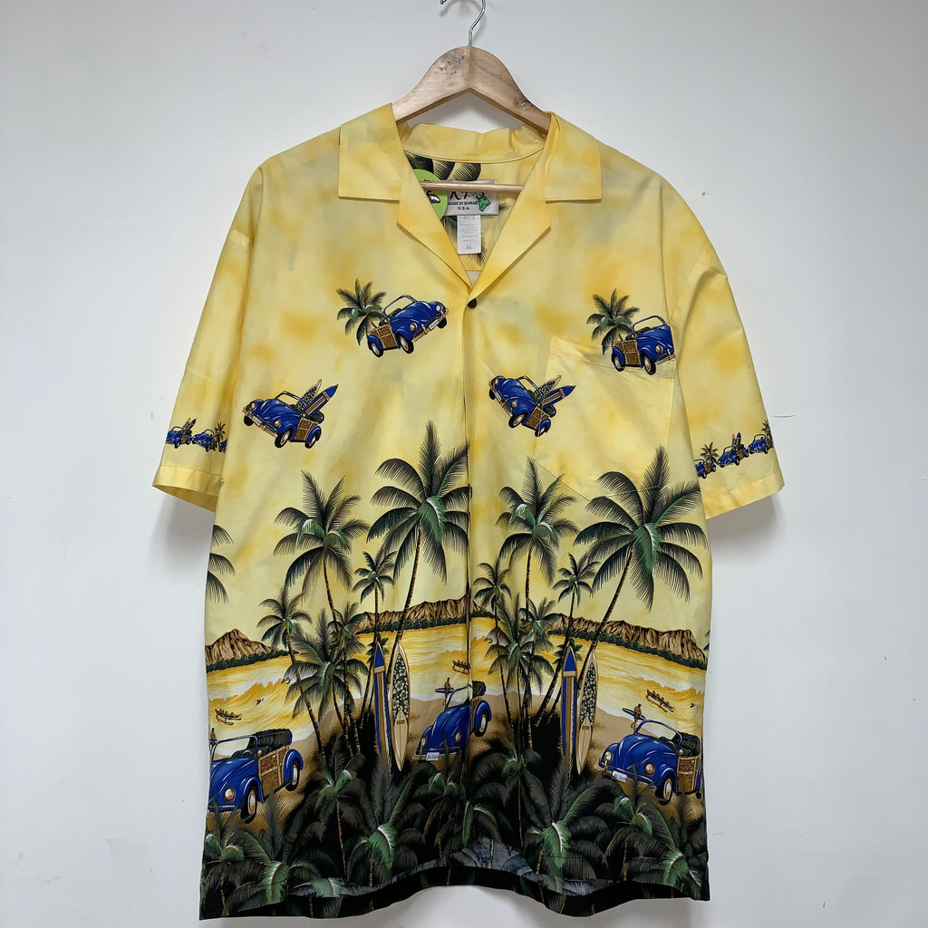 Vintage Yellow Palm Trees Cars Landscape Hawaiian Shirt: XL