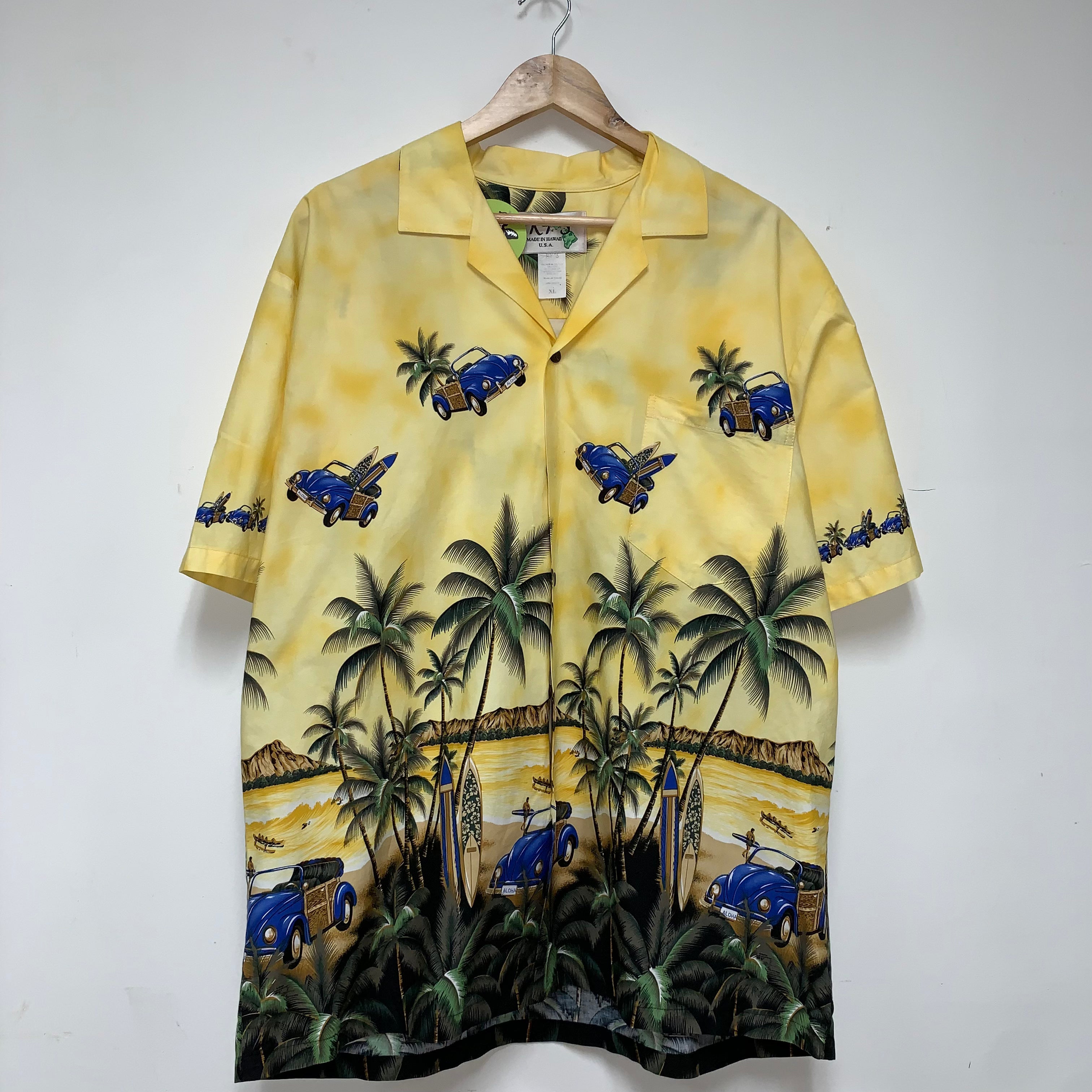 Vintage Yellow Palm Trees Cars Landscape Hawaiian Shirt: XL