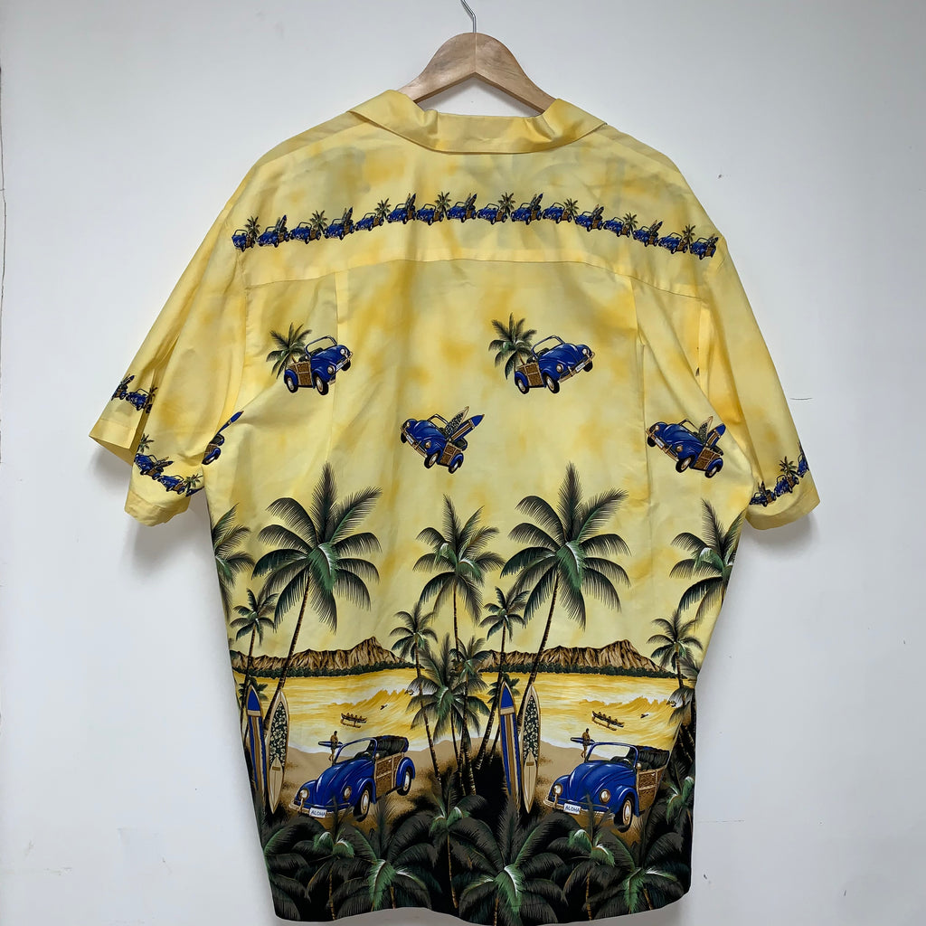 Vintage Yellow Palm Trees Cars Landscape Hawaiian Shirt: XL