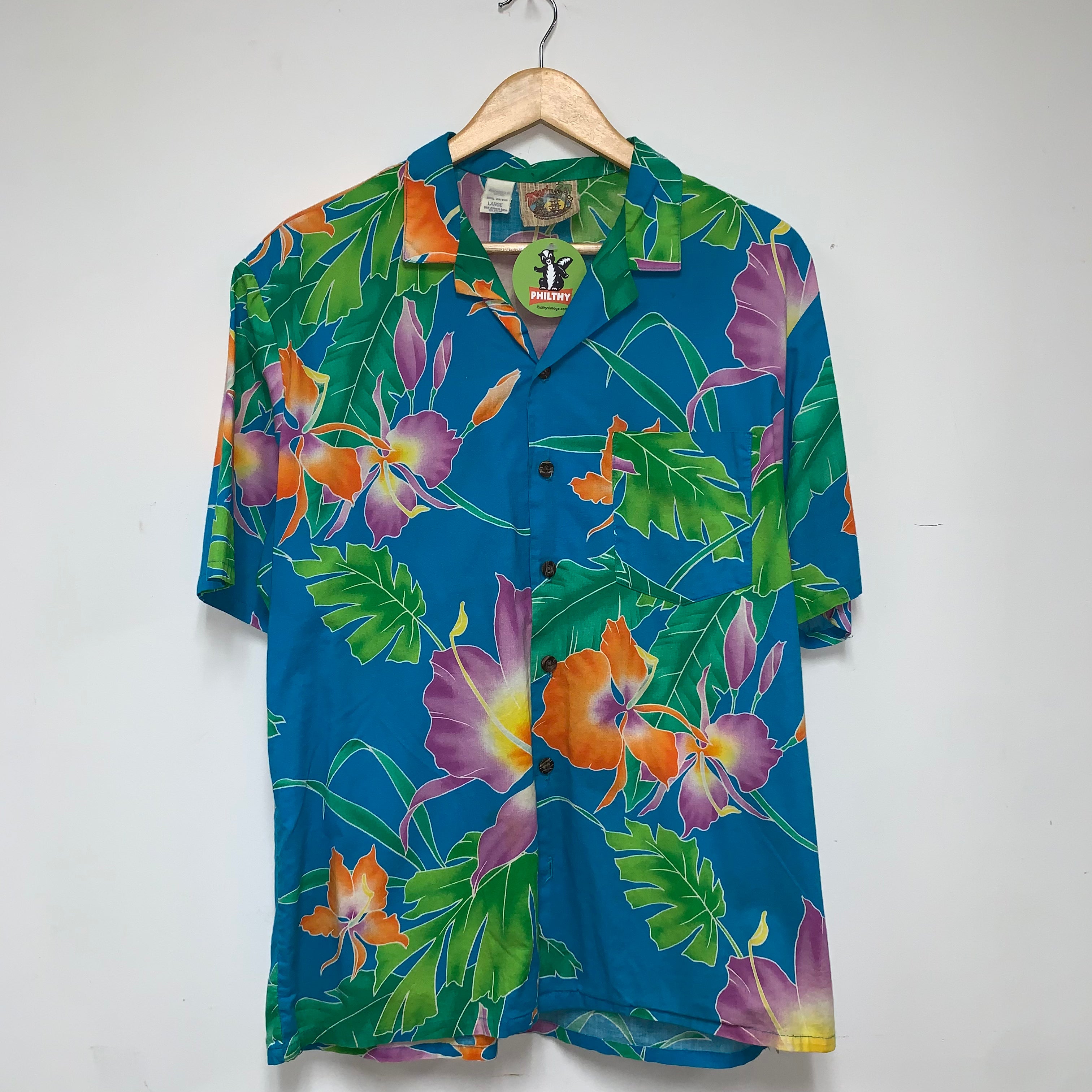 Vintage Floral Maui Trading Co. Blue Green Hawaiian Cotton Button Up Shirt: Large