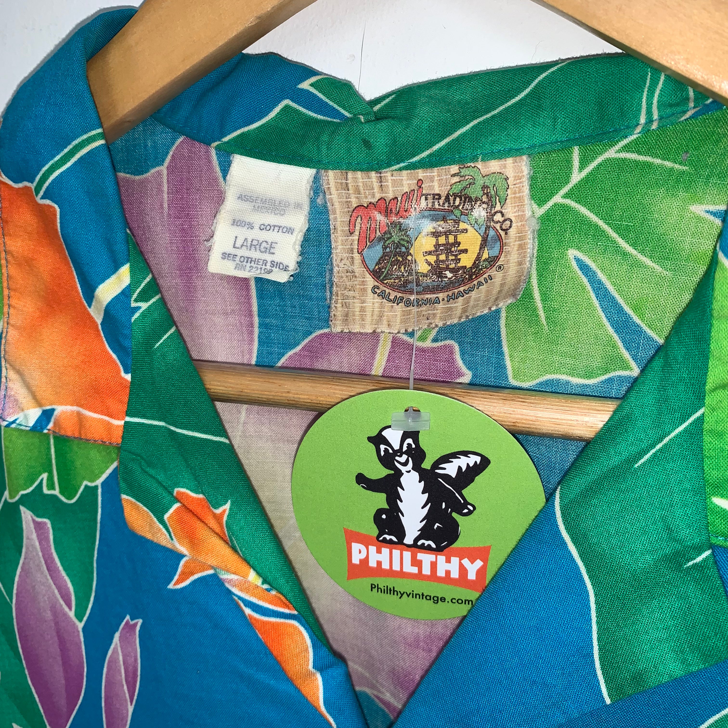 Vintage Floral Maui Trading Co. Blue Green Hawaiian Cotton Button Up Shirt: Large