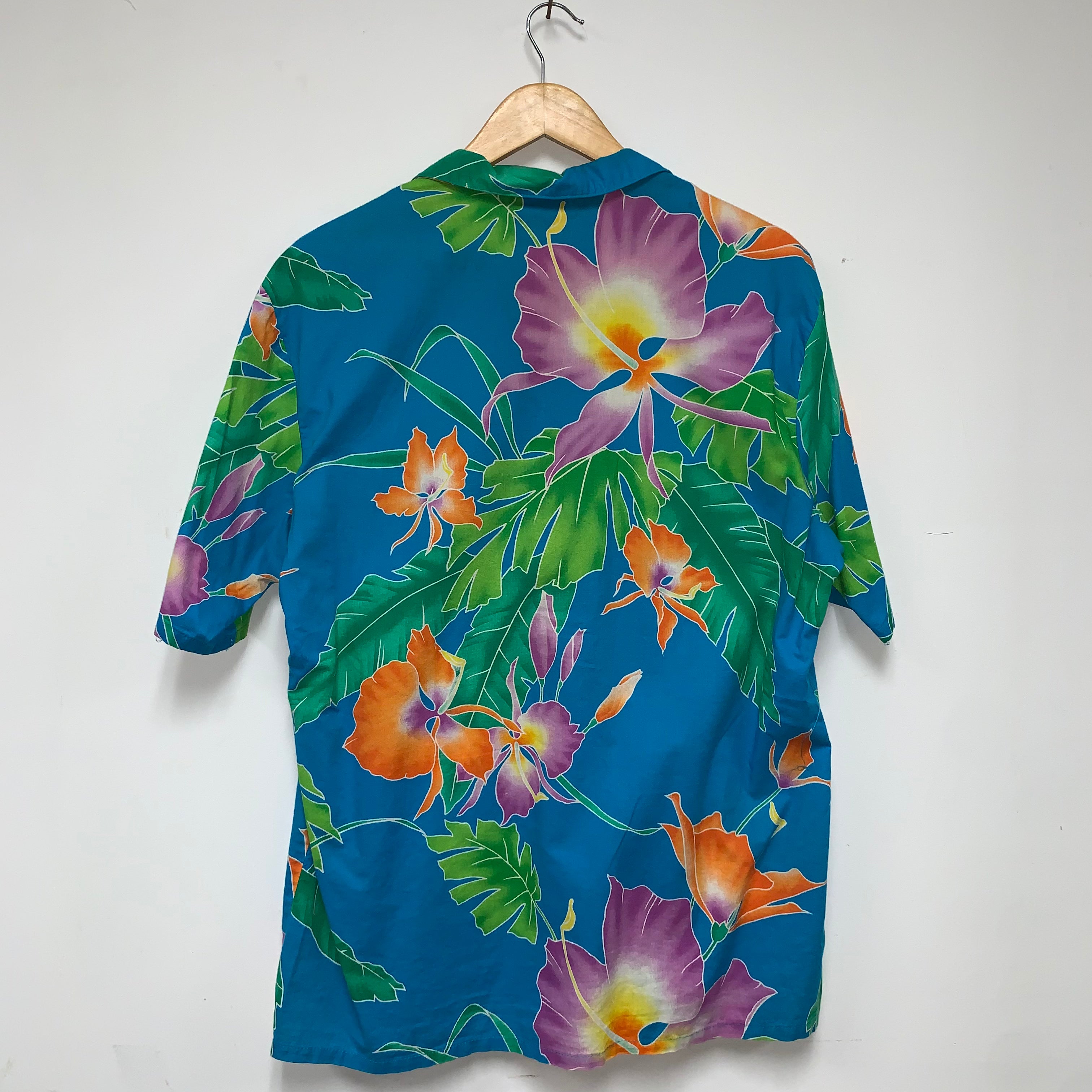 Vintage Floral Maui Trading Co. Blue Green Hawaiian Cotton Button Up Shirt: Large
