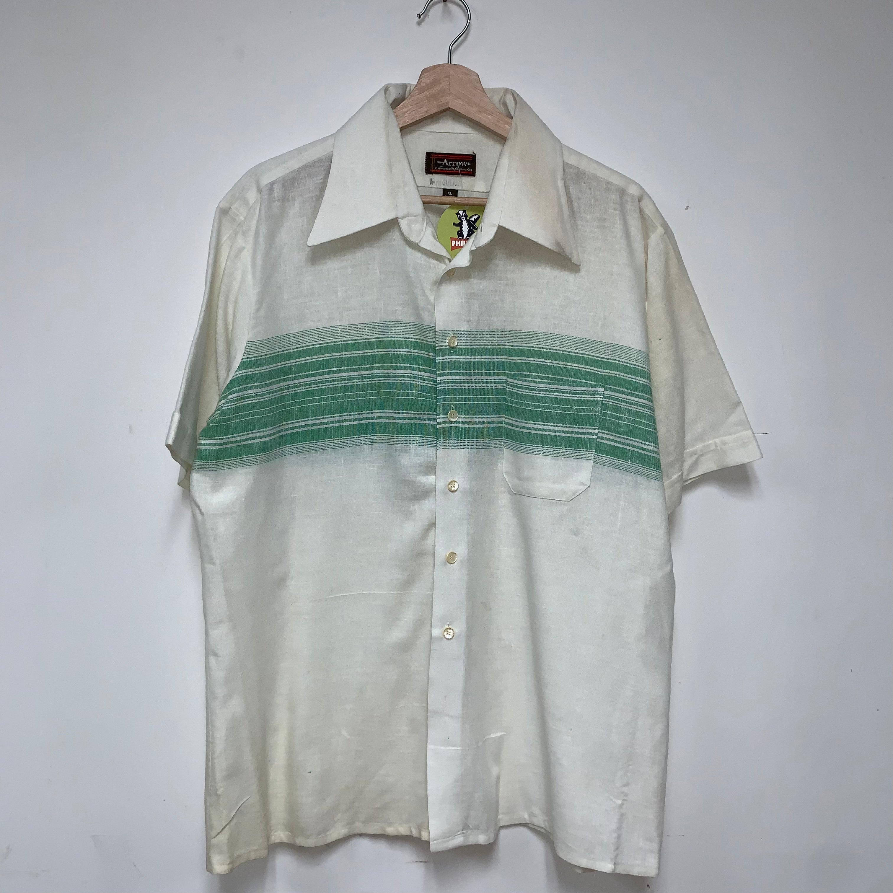 Vintage Arrow Linen 70's White Green Stripe Button Up Short Sleeve Shirt: XL