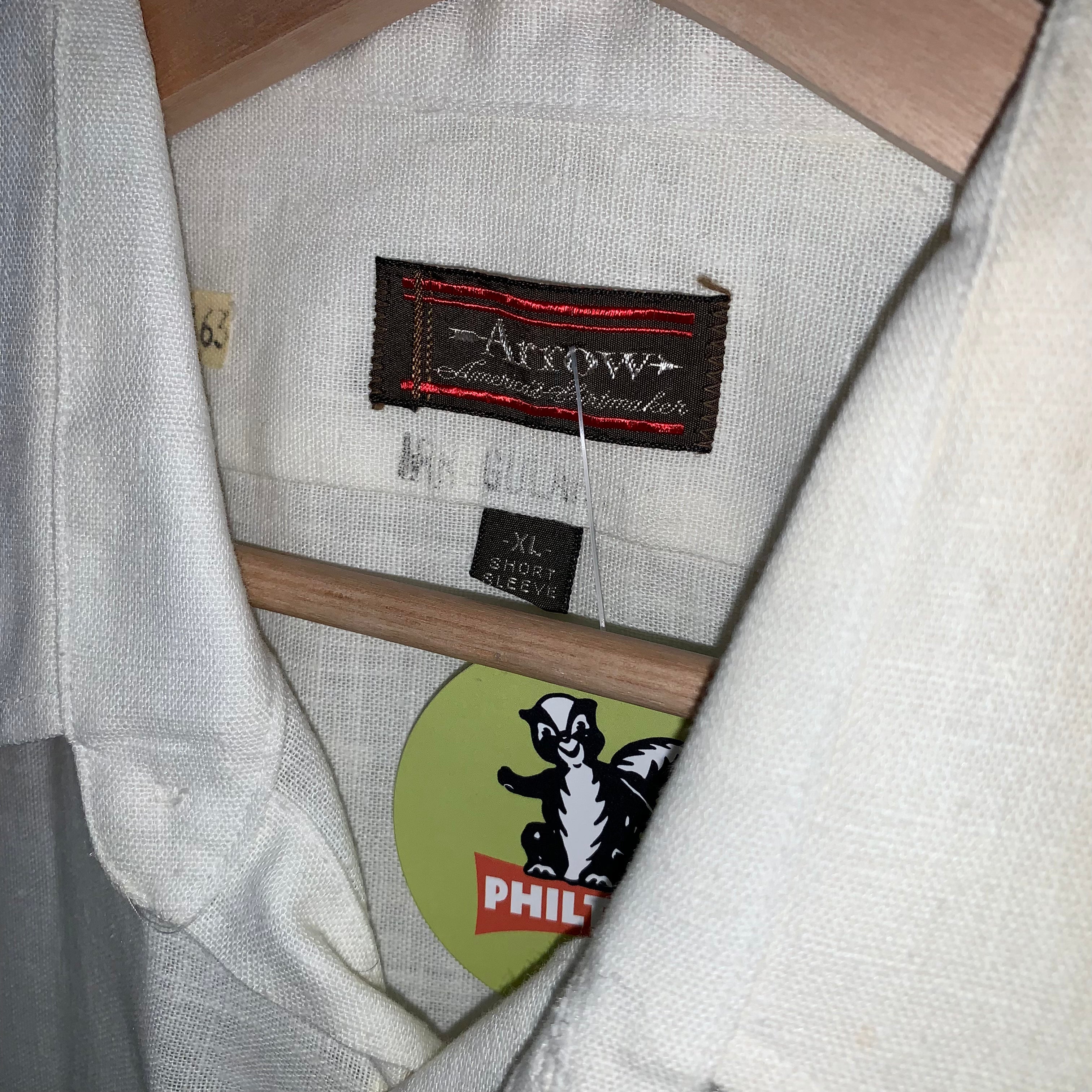 Vintage Arrow Linen 70's White Green Stripe Button Up Short Sleeve Shirt: XL