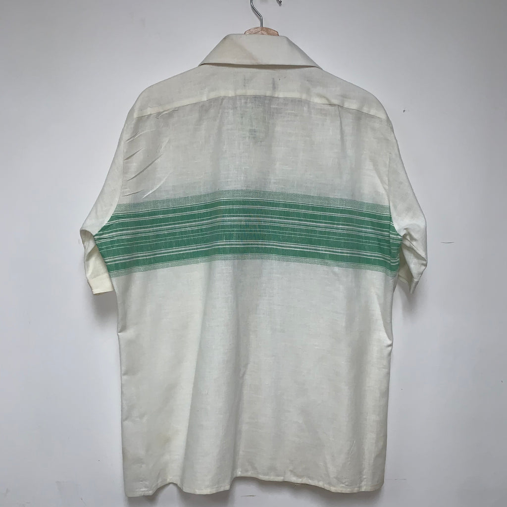 Vintage Arrow Linen 70's White Green Stripe Button Up Short Sleeve Shirt: XL