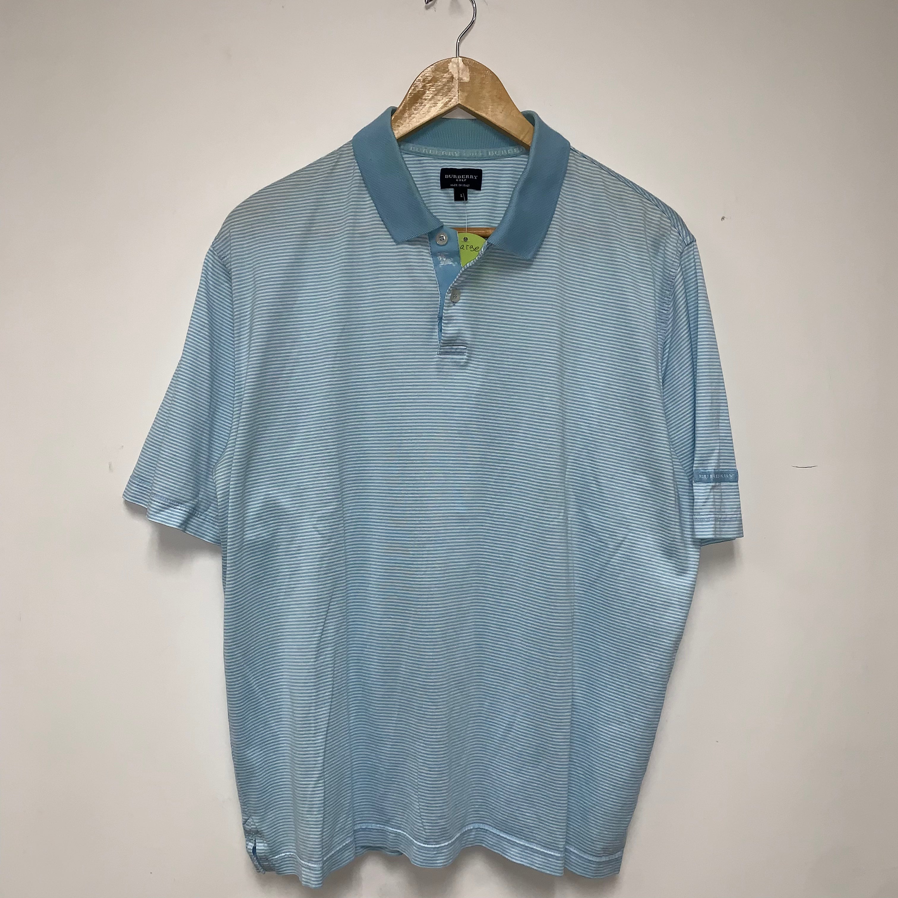 Burberry Golf Light Blue Stripe Polo Shirt: Large